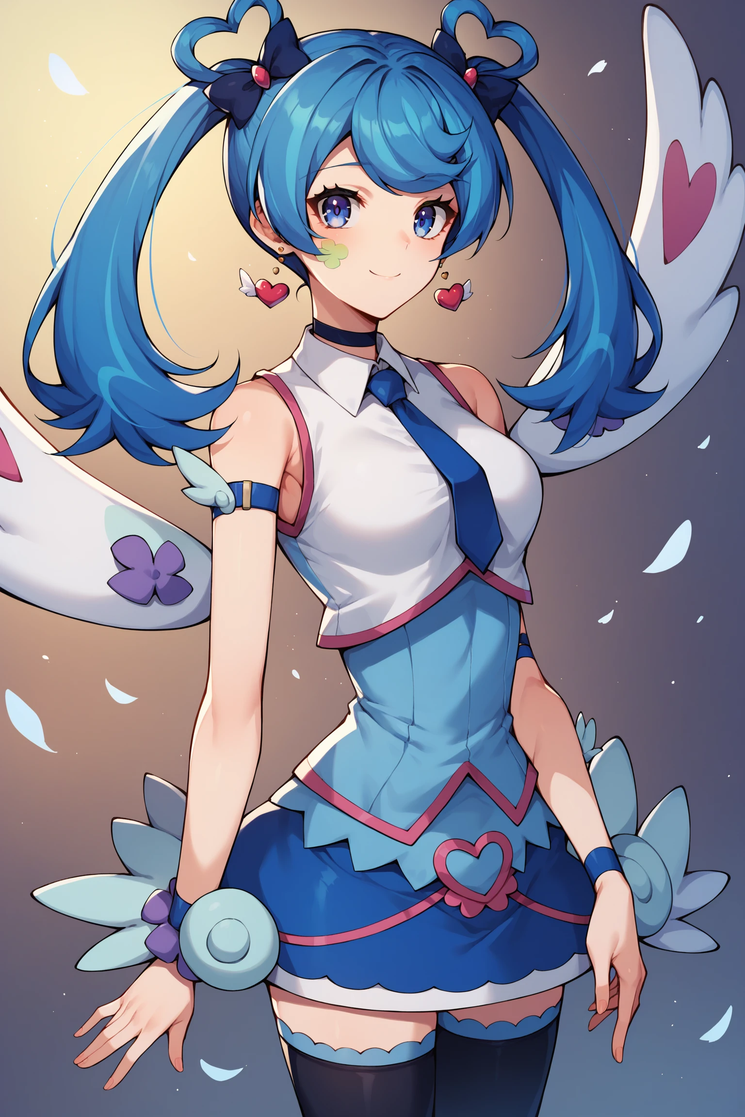 score_9,score_8_up,score_7_up,score_6_up,score_5_up,score_4_up, source_anime, aaangel, twintails, blue hair, hair bow, blue bow, blue eyes, facial mark, heart earrings, wings, heart, choker, blue necktie, sleeveless shirt, white shirt, arm strap, blue skirt, black thighhighs, <lora:blue_angel_XL_v1:0.8>, standing, cowboy shot, smile,