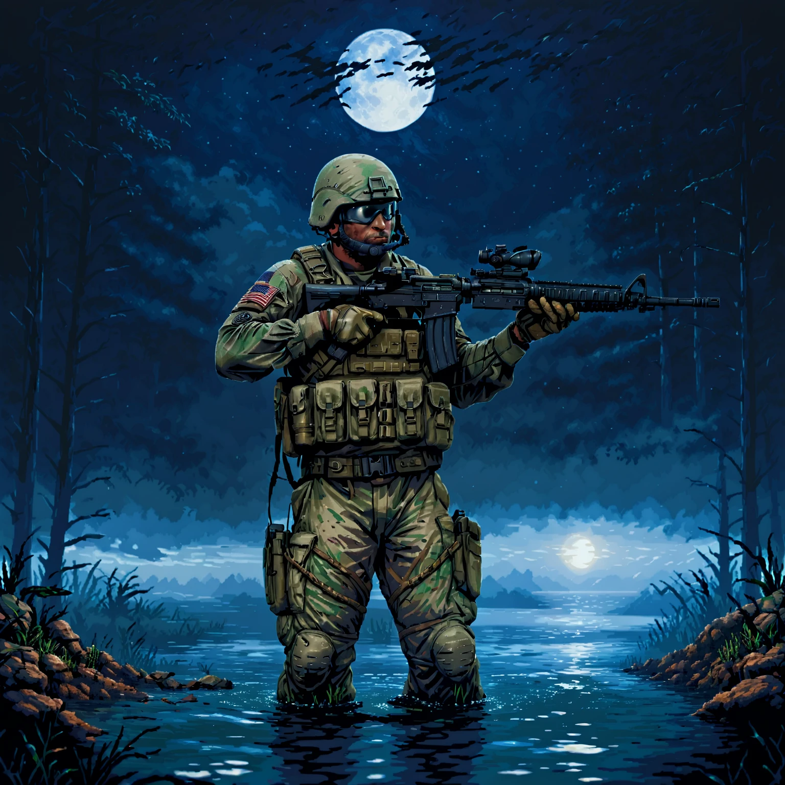 a Navy SEAL holding a rifle standing in deep water, night operation, special forces, swamp, night, moonlight, m4car,