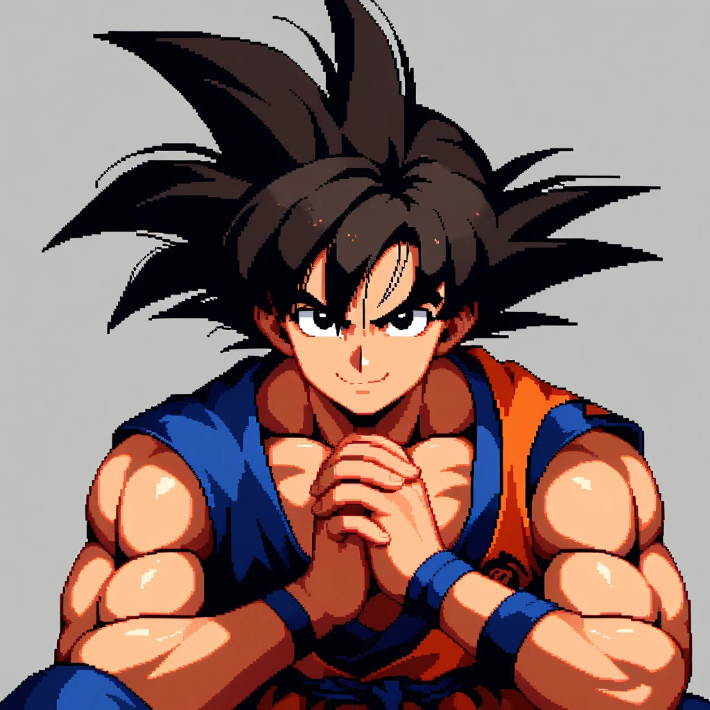 1boy, absurdres, black_eyes, black_hair, closed_mouth, dated, dougi, hair_between_eyes, highres, looking_at_viewer, male_focus, muscular_male, own_hands_together, pixel_art, signature, simple_background, smirk, solo, son_goku, spiked_hair, wristband,very aesthetic,absurdres,