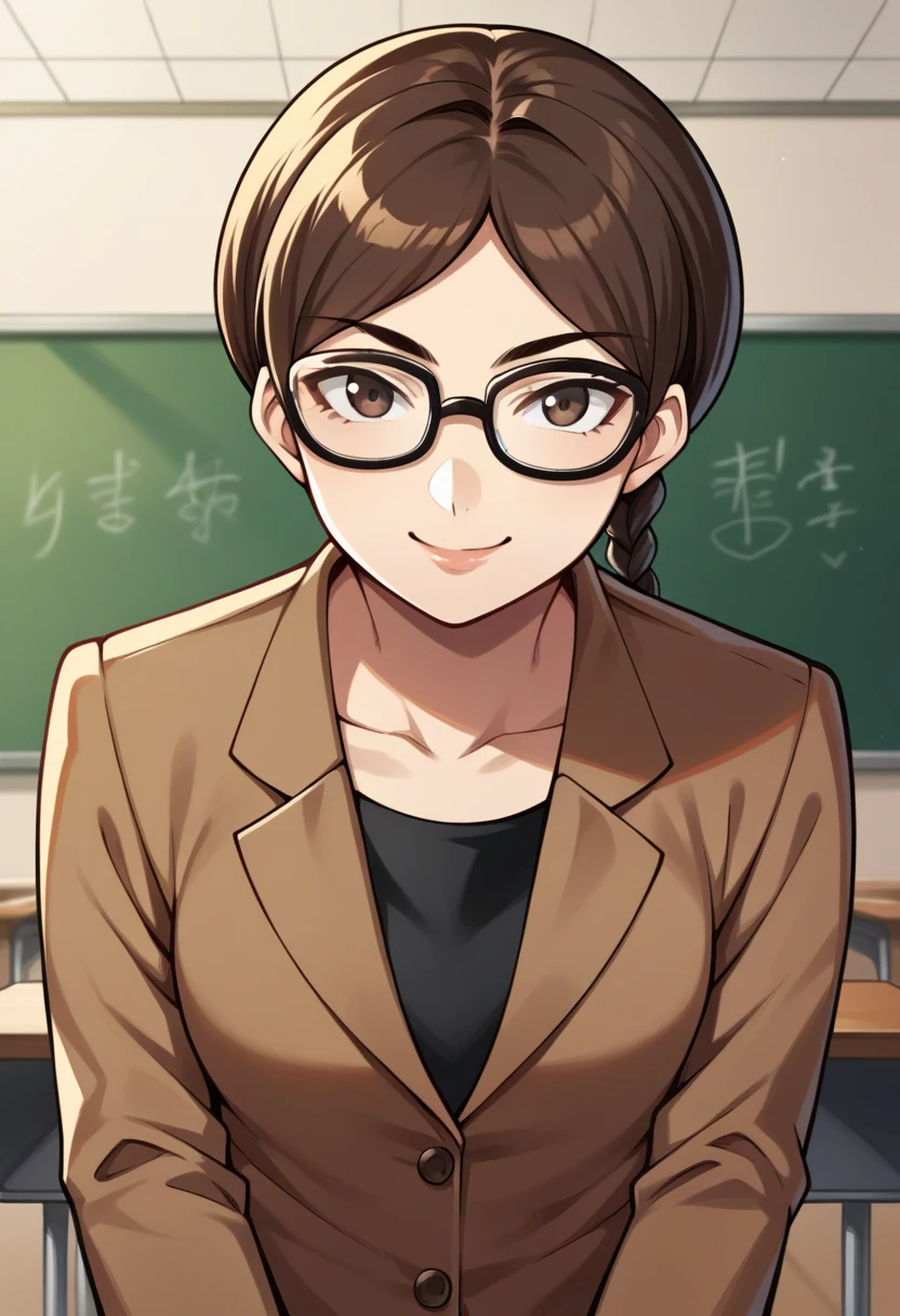 score_9, score_8_up, score_7_up, source_anime BREAK 1girl, solo, classroom, smile, looking at viewer, <lora:zs_UsamiXL:1> usamip5, brown hair, brown eyes, braid, glasses, blazer, skirt