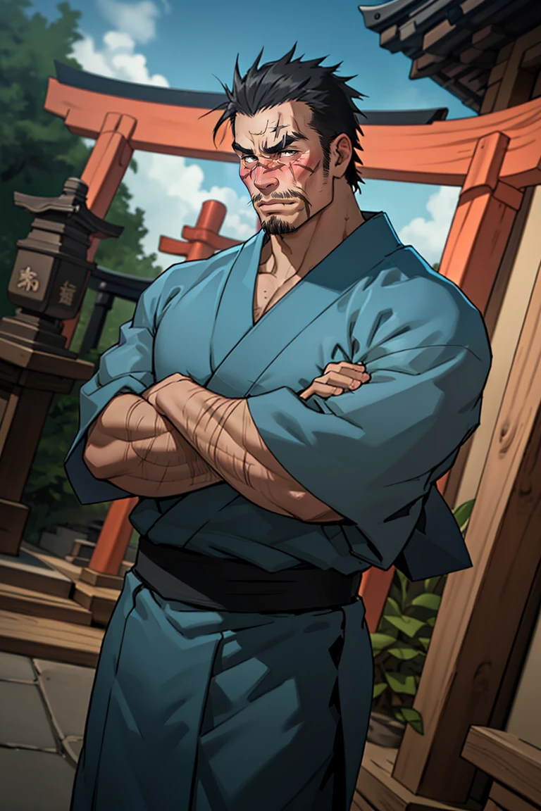 solo male, GÅzaburÅ Seto, My Bride is a Mermaid, Japanese, short hair, black hair,  black eyes, facial hair, thick eyebrows, scar on face, scar on nose, scar across eye, sideburns, yukata, japanese sandals, mature, handsome, charming, alluring, blush, drunk, standing, arm crossed, upper body, perfect anatomy, perfect proportions, best quality, masterpiece, high_resolution, dutch angle, cowboy shot, photo background<lora:EMS-325212-EMS:0.800000>, <lora:EMS-498-EMS:0.600000>