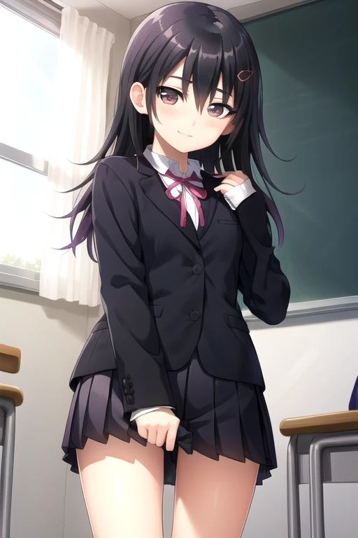 ((masterpiece)),(best quality),official art,extremely detailed CG,unity 8k wallpaper,ultra detailed,beautiful detailed eyes,extremely detailed face,classroom,1girl,solo,cowboy shot,looking at viewer,facing viewer,smile,(petite:1.3),Hinada Asami,long hair,black hair,hair ornament,sidelocks,hair between eyes,brown eyes,school uniform,blazer,black jacket,pink ribbon,white shirt,collared shirt,sleeves past wrists,long sleeves,medium breasts,black dress,pleated skirt,black socks,uwabaki,<lora:Hinada Asami(sk):0.9>,