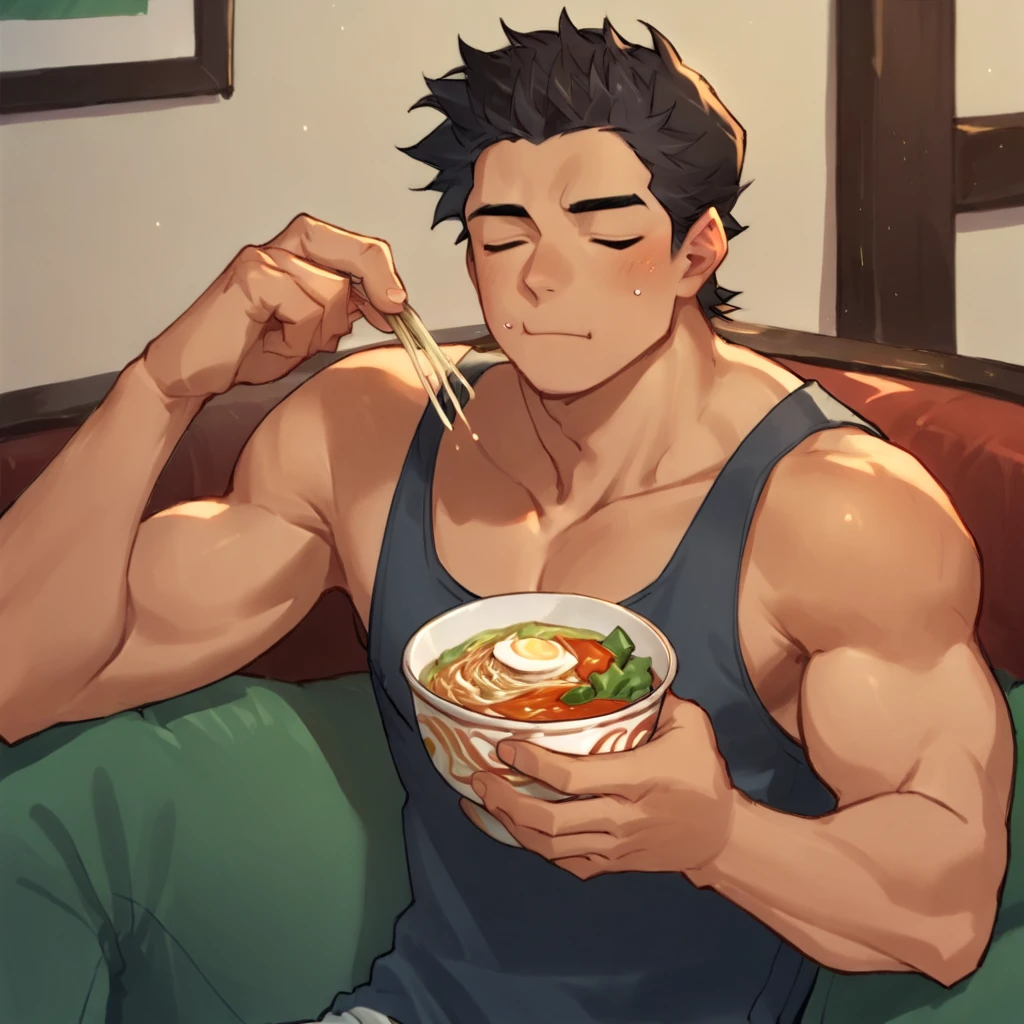 score_9, score_8_up, score_7_up, SOURCE_anime, source_safe, BREAK, male, littlemac, eating ramen, 