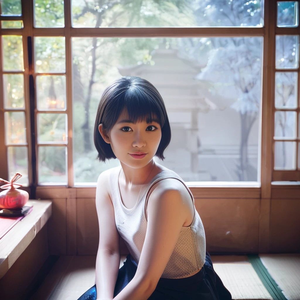 score_9, score_8_up, score_7_up, <lora:NaoToyama:0.8> naotoyama tanktop sitting on japanese porch, incense burning, moonlight, dark atmosphere, short hair,