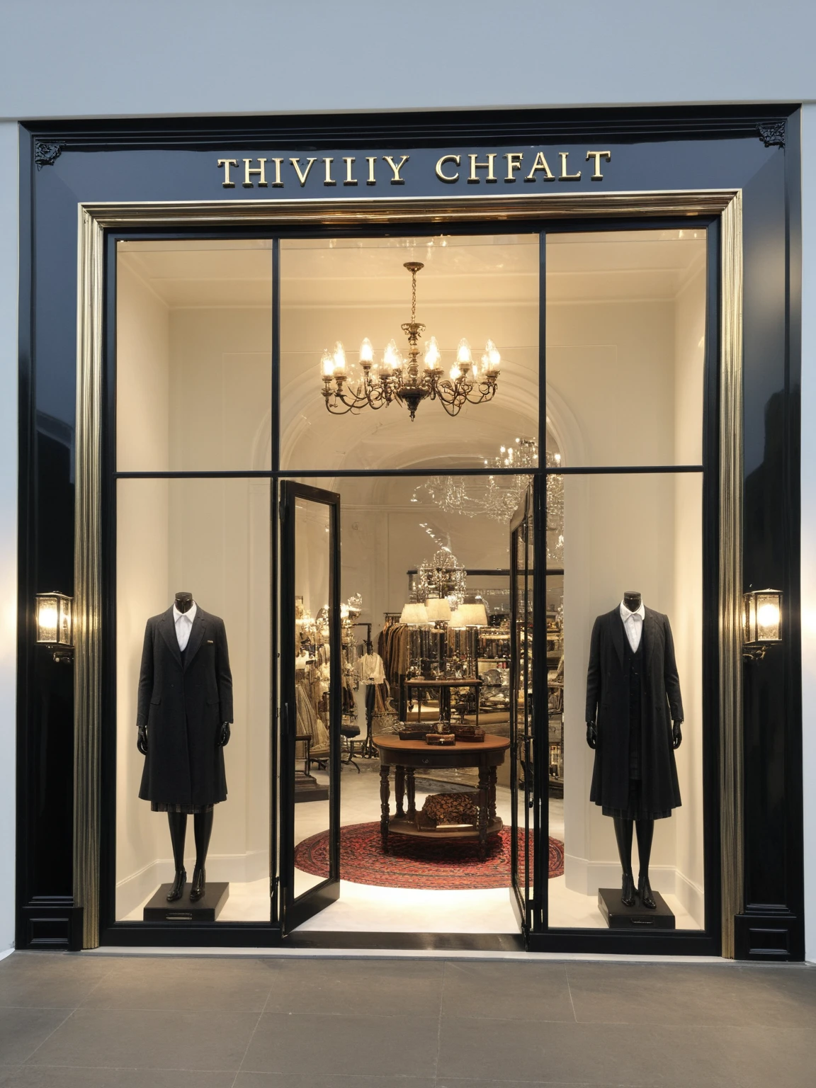 <lora:JJsStoreFront_XL:1> ((StoreFron)) , ((best quality)),((masterpiece)),((realistic)),outdoors,english text,no humans,scenery,sign,glass, white wall, cloth, figure,metal, reflection, black tall ceiling, door, window, authentic, outdoor scenery, glass, reflection, highly detailed, lamp, cloths,