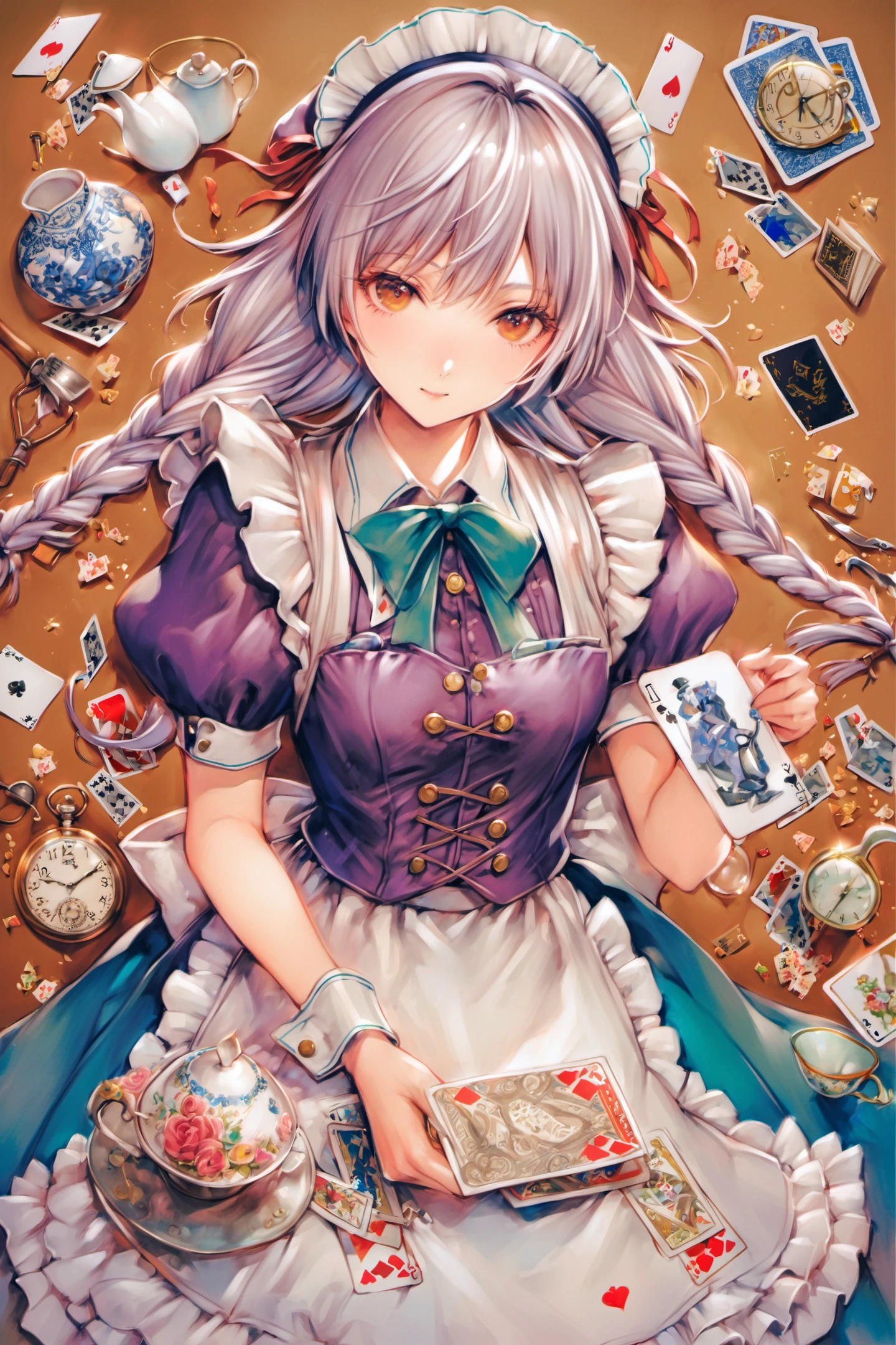 1girl,solo,izayoi sakuya,pocket watch,watch,teacup,braid,cup,maid headdress,puffy sleeves,twin braids,white hair,short sleeves,apron,flower,puffy short sleeves,playing card,teapot,card,ribbon,waist apron,traditional media,<lora:Yogisya_XL:0.9>,