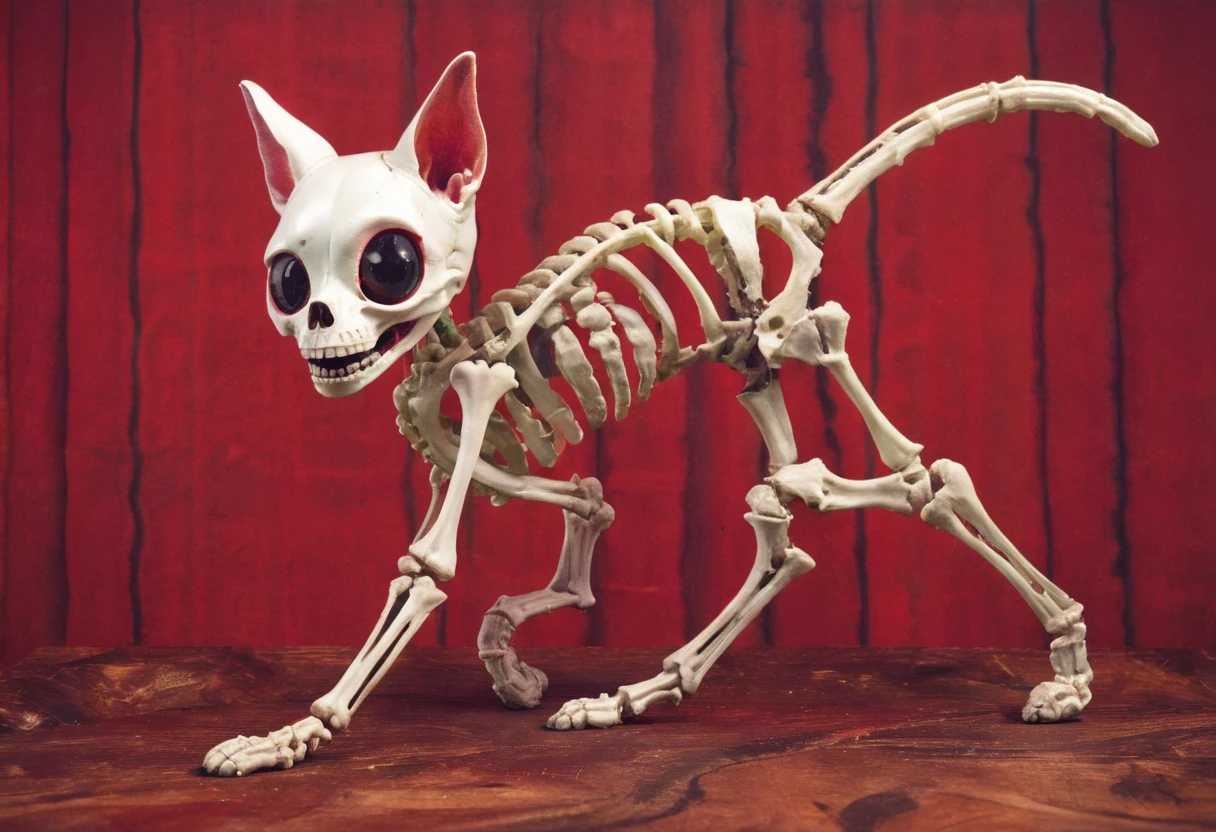a colorful chibi skeleton cat running toward the viewer, insanely intricate details, red palette, creepy, unsettling, lynch style, surrealism <lora:lynchstyle_v0.0.2:1.3>
