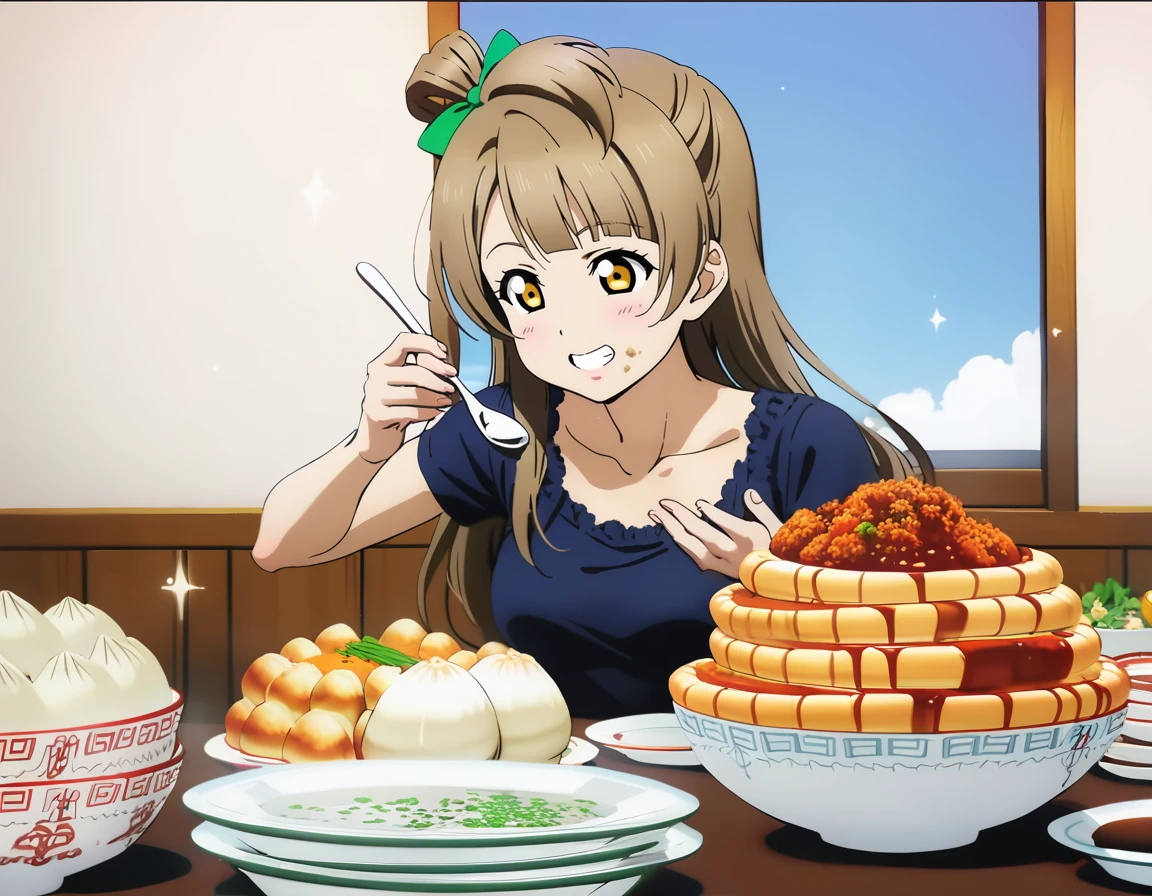 1girl,solo,
minami kotori, love live!
casual wear,skirt,
grin,
<lora:ooguiXL2:1>,oogui,
sitting,
indoors,restaurant,
looking down,
dirty,
food on face,
sparkle,
food,eating,table,holding spoon,holding fork,bowl,noodles, ramen,plate, holding,pasta,meat, rice,spaghetti,egg,fried rice, jiaozi,soup,dumpling, pancake,salad, meandros, cereal,fruit, steam, meatball,curry rice,drink,empty bowl,
fake screenshot,gameplay mechanics,
masterpiece, best quality, ultra detailed, highres,4k,(ultra-detailed:1.4) (illustration:0.5), (ray tracing,:0.8),(anime colored:0.7),(ai-generated:0.5),
