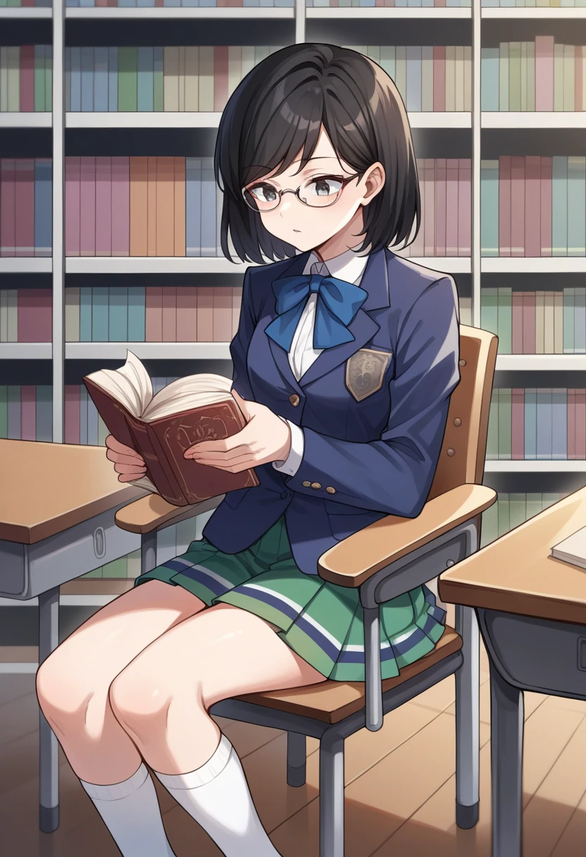 score_9, score_8_up, score_7_up, source_anime BREAK 1girl, solo,  <lora:zs_ReikoXL:1> reikoif, medium hair, black hair, blazer, pleated skirt, glasses, white socks, library, holding book, reading, sitting on chair, desk