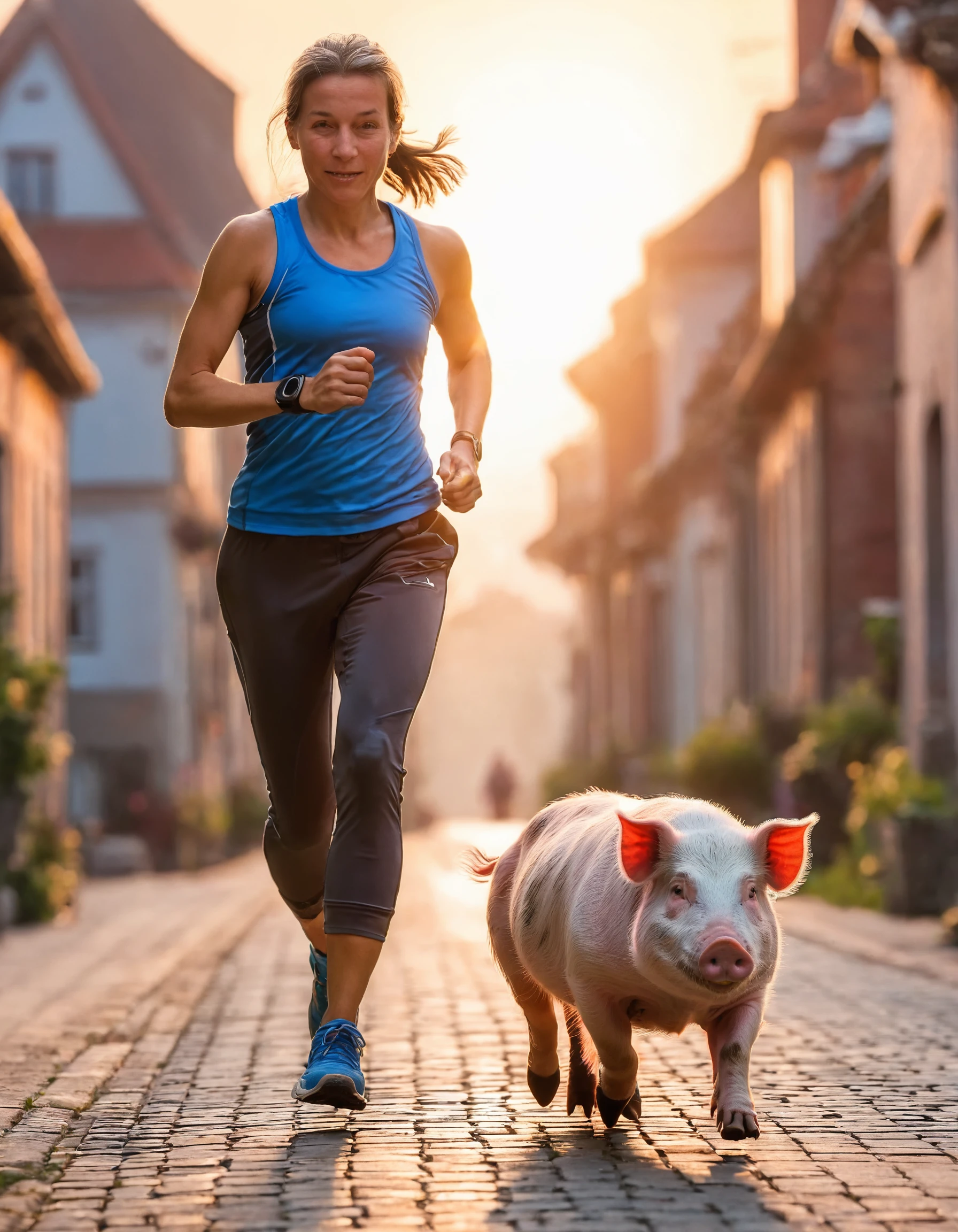 siemtje woman is jogging with her house pig in a city early in the morning, sunrise, summer,  high detailed,  sharp focus, realistic,       <lora:siemtje:1>