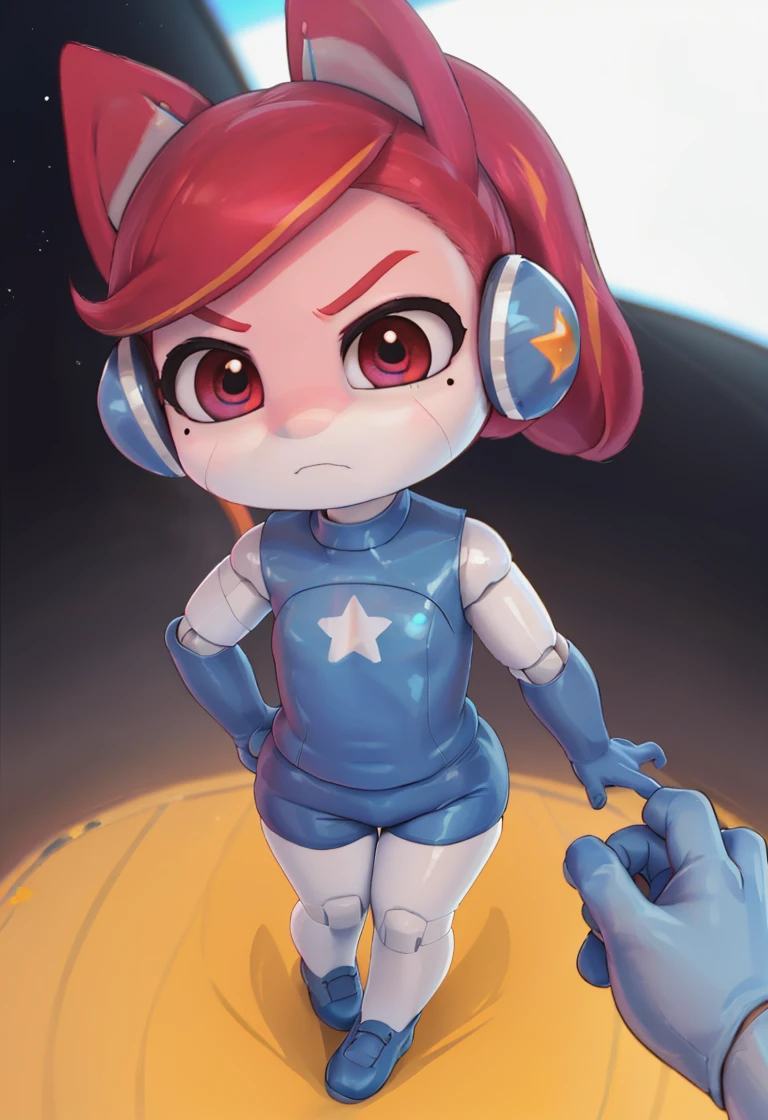 <lora:ai_one:0.9>ai_one , 1 girl  , red hair , animal ears  ,  , star (symbol) , red eyes , headphones  ponytail ,blue  body suit  ,  sleeveless ,blue shorts ,   white legs ,  mole under eye ,closed mouth ,android, joints , angry face , From Above, POV ,