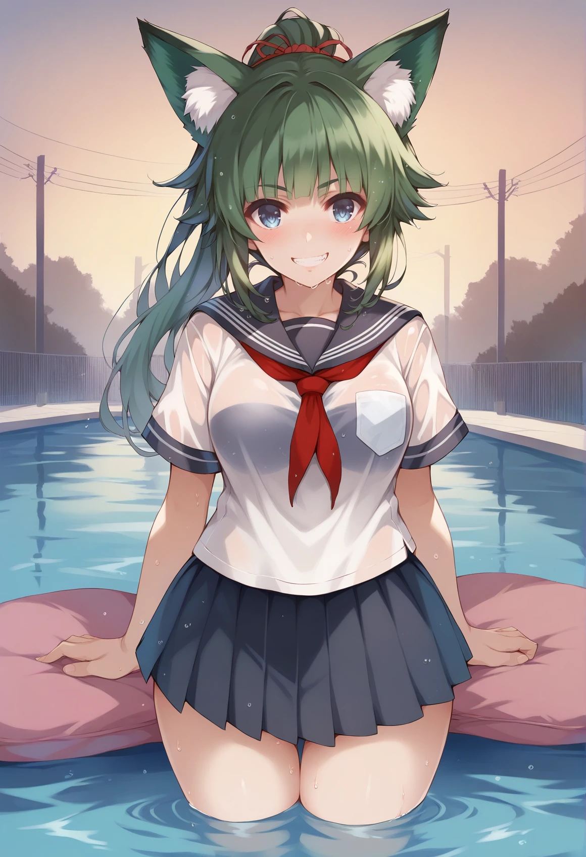 score_9, score_8_up, score_7_up, source_anime, 1girl, solo, pool, school pool, blue eyes, green hair, fox girl, fox ears, school uniform, wet shirt, bare feet, standing, cowboy shot, facing forward, grin, blush,  big breasts, wide hips, thick thighs, blunt bangs, ponytail, messy hair,green ears, green fox ears, <lora:Misaki-Kurehito-Style-PonyXL-000042:1>