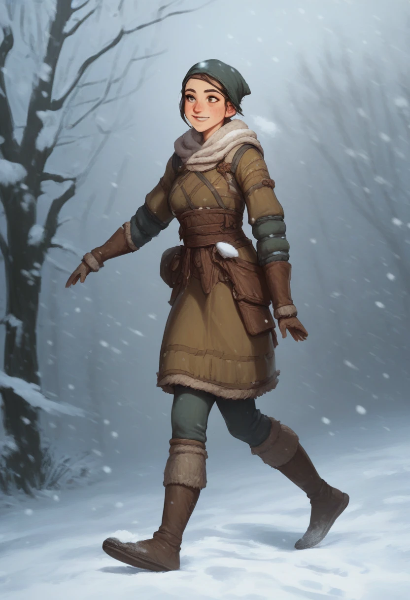 score_9, young adventurer woman walking through snowy tundra, cold, smile, warm clothing, medieval fantasy, fantasy illustration <lora:FantasyGPT4VLycoXL:1>
