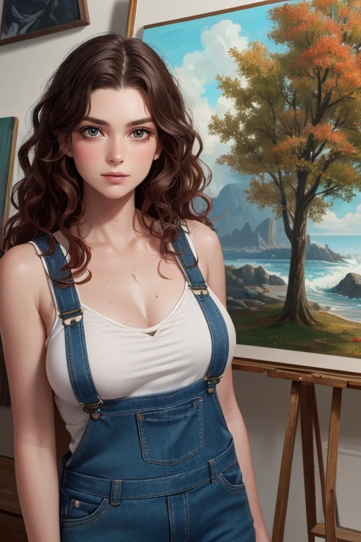 (masterpiece,best quality:1.5),ultra realistic,32k,RAW photo,(high detailed skin:1.2), 8k uhd, dslr, soft lighting, high quality, film grain,Light caustics ,(ð,ð),ð², lady,(moss overalls, camisole:1.1),long hair, (wavy hair, deep red hair),summer day, in the painting studio,messy drawings,medium  breast,autumn day,(ð:1.1), Working,sweaty,gorgeous light and shadow, stunning environment,(vibrant colors:1.2),palettes, paintbrushes, paint splatters,