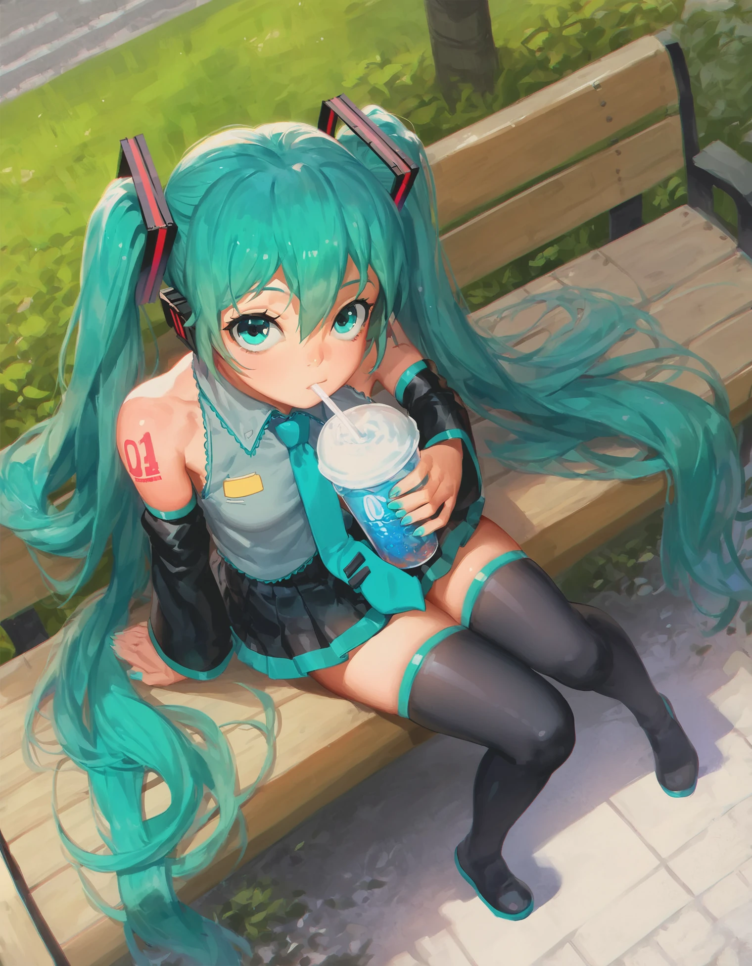 score_9, score_8_up, score_7_up, score_6_up, score_5_up, score_4_up, rating_questionable , a girl is resting on park bench, orange juice, drinking straw, looking at viewer, hatsune miku, detached sleeves, necktie, thighhighs, skirt, from above, dutch angle,
<lora:ra_style_xl_v4:.8>