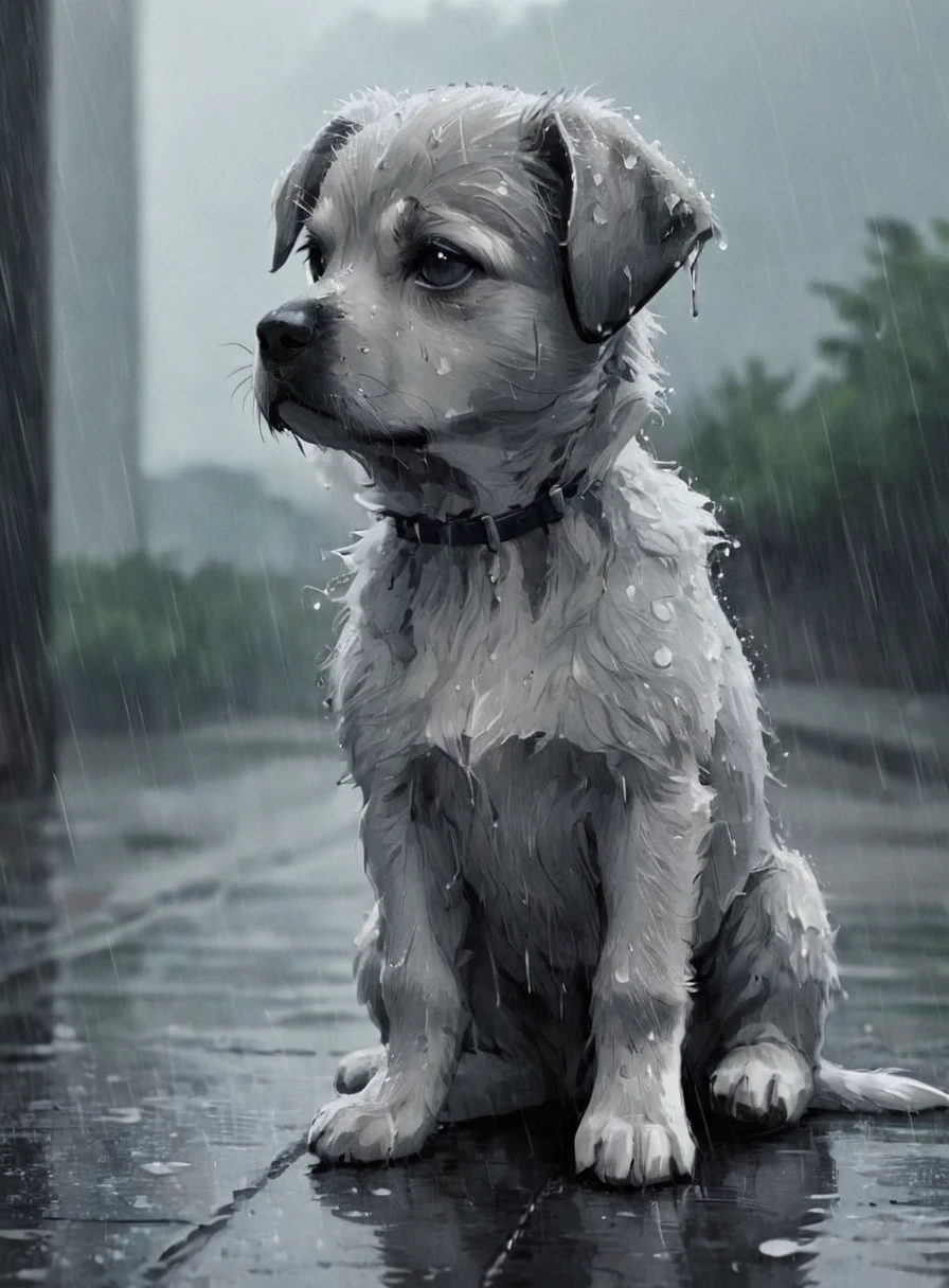 a puppy sitting in the rain, sad, lonely, dull colors, monotone