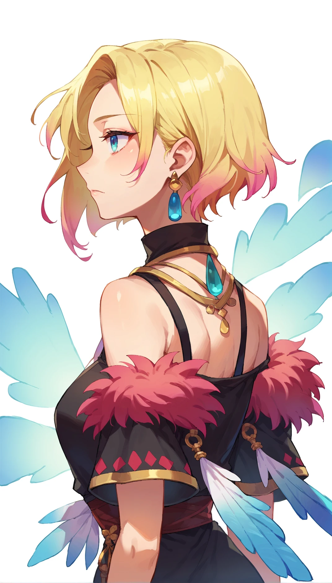 1girl, feather trim, solo, jewelry, blonde hair, earrings, multicolored hair, gradient hair, short hair, upper body, whorled clouds, score_9, score_8_up, score_7_up, score_6_up, source anime, see-through legwear, dimples of venus, from behind, looking back,