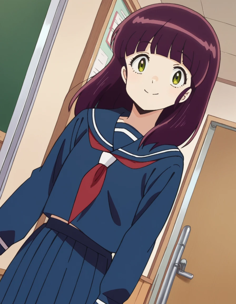 score_9, score_8_up, score_7_up, source_anime,
shinobumiyake, <lora:shinobu-miyake-ponyxl-lora-nochekaiser:1>,
shinobu miyake, long hair, bangs, purple hair, green eyes, smile,
shirt, long sleeves, school uniform, serafuku, sailor collar, neckerchief, red neckerchief, shirt, blue shirt, blue sailor collar, blue skirt,
indoors, classroom, hallway,
looking at viewer, cowboy shot, dutch angle,