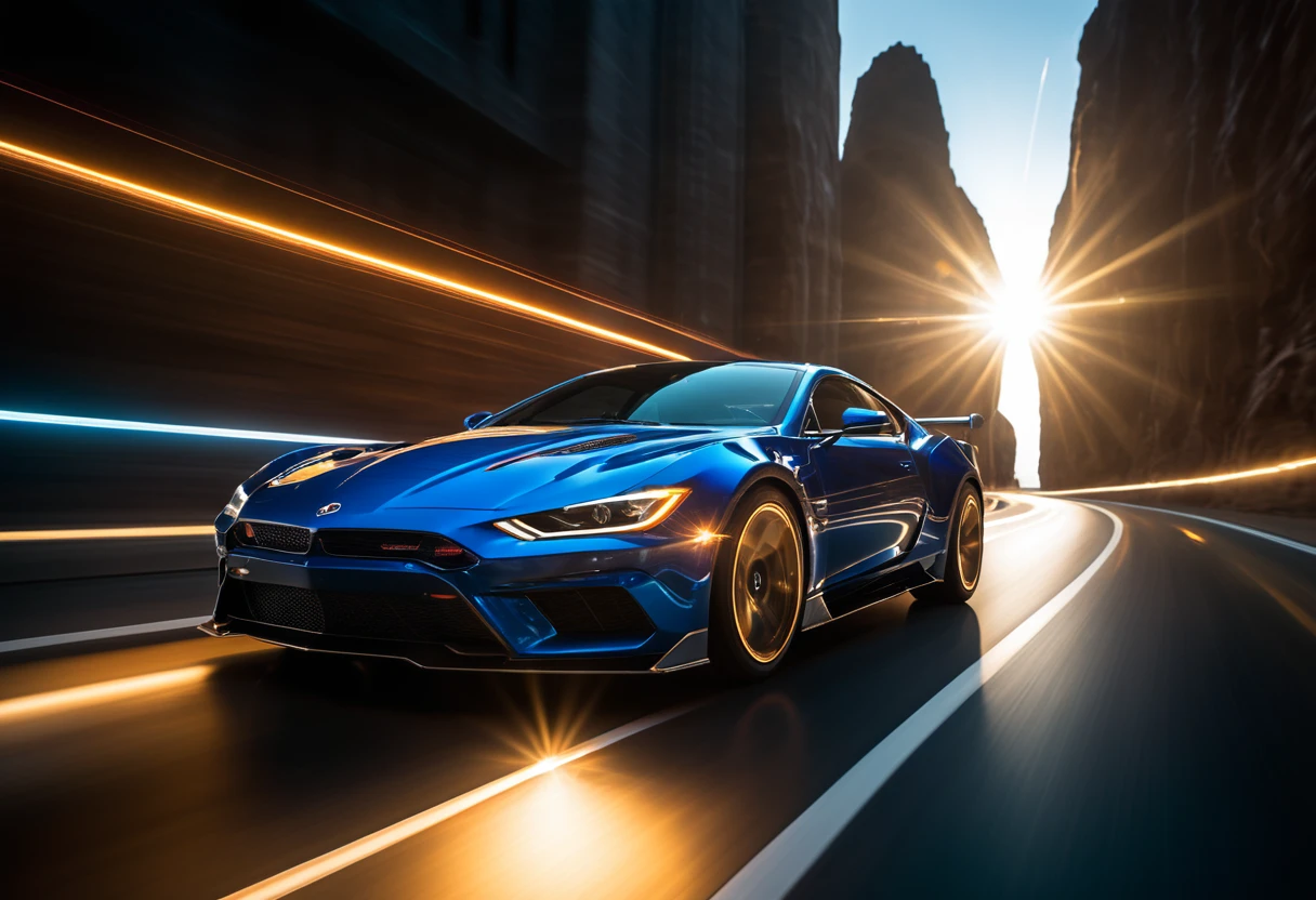 a sci-fi sportscar passing by, light speed, flash, motion trail, a shining star(sun) in the background, motion blur, epic visual effects, interstellar, flow, detailed, scifi, star blast, dark vibrant colors, cosmic art, stars in background, cinematic scene, lens flare, god rays, glow, art of Doug Chiang and John Park, dramatic lighting, shallow depth of field