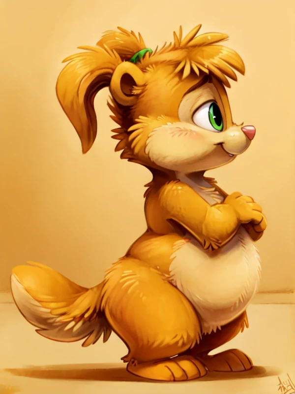 (digital painting \(artwork\), by Orlandofox, by Pizademokttero, by Atryl, by Pizademokttero),
<lora:Eleanor:0.7>, solo, small body, dwarf, chubby, cub, Eleanor, chipmunk, girl, flat chest, orange body, orange head, orange arms, orange legs, orange tail, orange hair, beige belly, beige cheeks, beige eyelids, green eyes, pink nose, two braids on the head, green elastic bands on the braids, mouth closed, standing, profile view, naked
BREAK,
detailed background, shadow, ambient silhouette, backlighting,
masterpiece, best quality, 4k, 2k, (high detail, toony:1.25), absurd res