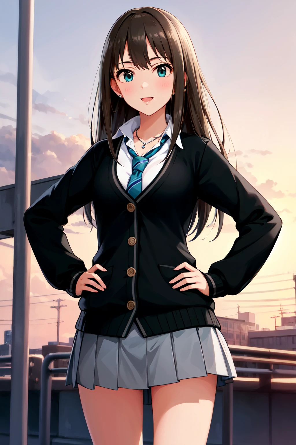 masterpiece, best quality, highres, aarin, long hair, earrings, necklace, school uniform, necktie, collared shirt, black cardigan, long sleeves, pleated skirt, grey skirt, <lora:shibuya_rin_v1:0.7>, standing, cowboy shot, outdoors, hands on hips, smile,
