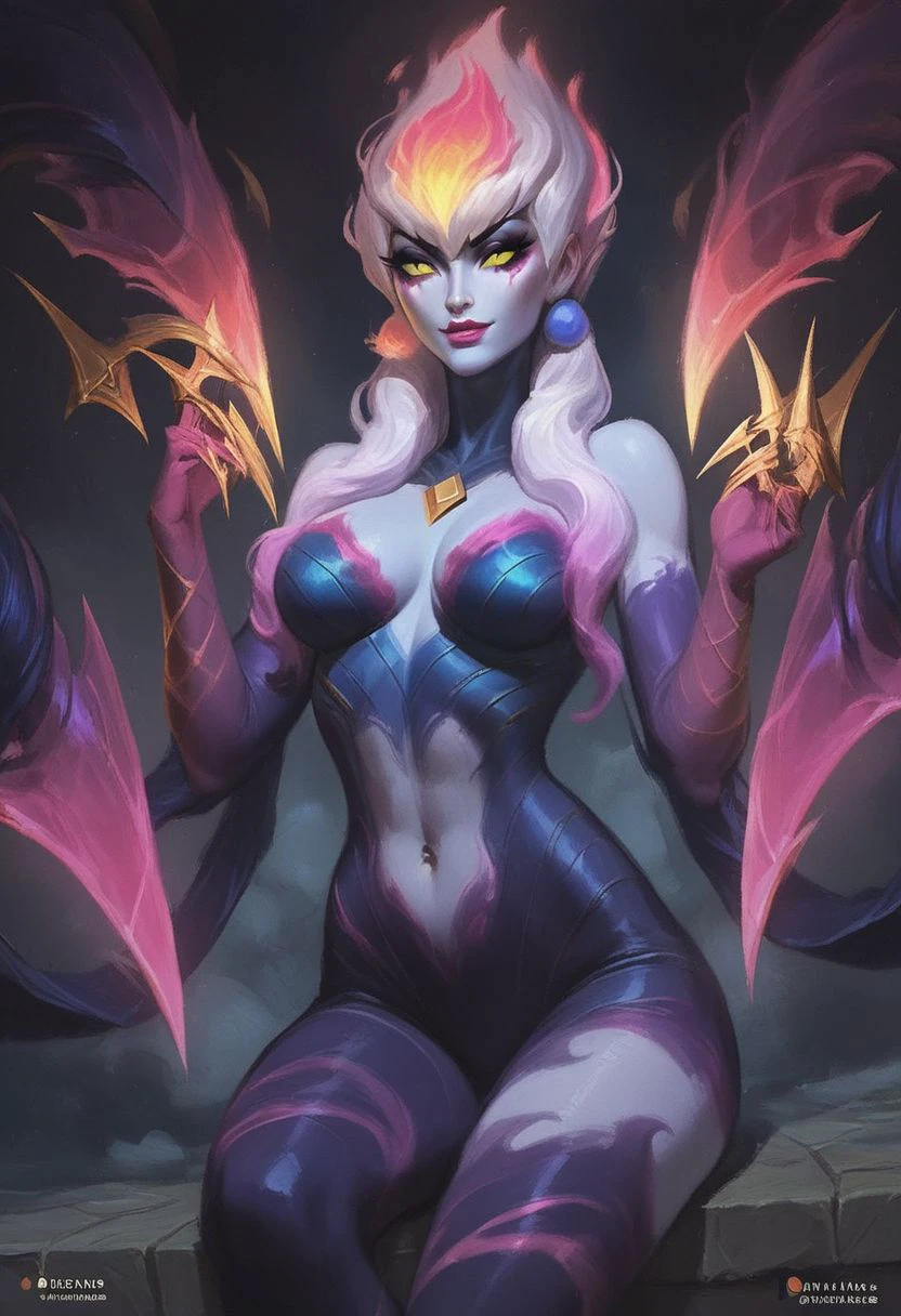 score_9, score_8_up, score_7_up, score_6_up, score_5_up, score_4_up,(8k uhd, masterpiece, best quality, high quality, absurdres, ultra-detailed), 1girl, Evelynn, League of Legends, FEMALE, WOMAN, GAME CHARACTERS, sexy, no humans, dark