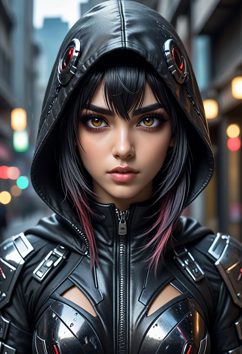 Grunge style Sofia Boutella as a biomechanical cyberpunk bounty hunter in a dystopian future, wearing a sleek black cybernetic hooded jumpsuit, dimly glowing red mechanical eyes, commanding and threatening expression, cutting-edge tactical gadgets, razor-sharp wit, illegal tech and weapon manufacturing lab, short hair, <lora:huge_anime_eyes:1> huge anime eyes, . Textured, distressed, vintage, edgy, punk rock vibe, dirty, noisy