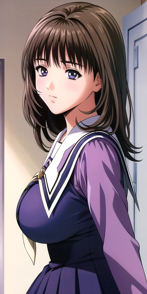 <lora:yoshizuki_ioriV6:0.7> yoshizuki_iori, huge_breasts, standing, solo, School_uniform_Purple_shirt_Blue_skirt_White_neckerchief_Black_thighhighs, masterpiece, best_quality, detailed_face, detailed_eyes, highres, beautiful, detailed, absurdres,