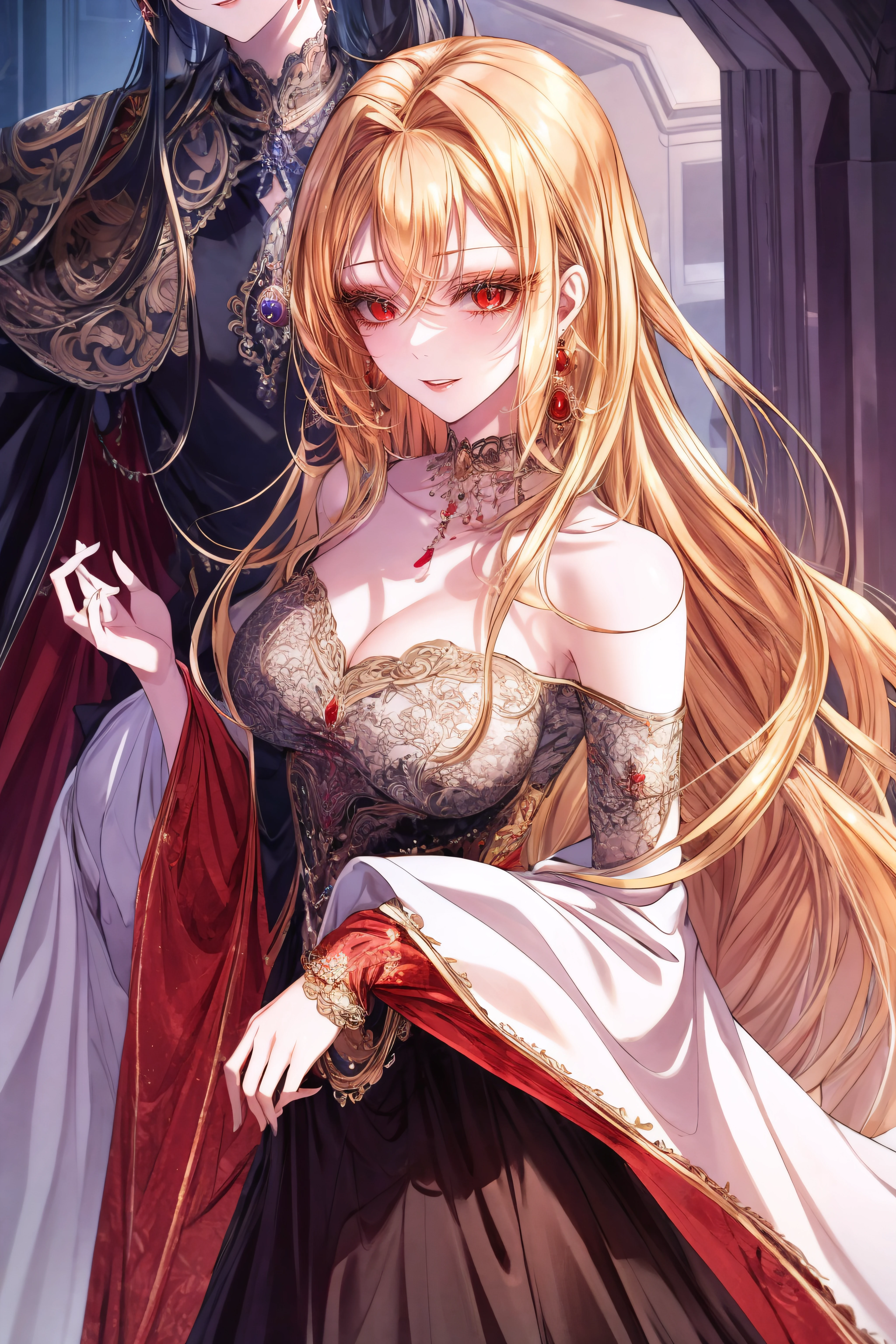 (masterpiece, best quality), <lora:roxana agrece:0.8> roxana agree, red eyes, slit pupils, blonde hair, long hair, bare shoulders, jewelry, earrings, black dress,
<lora:add_detail:0.8>,