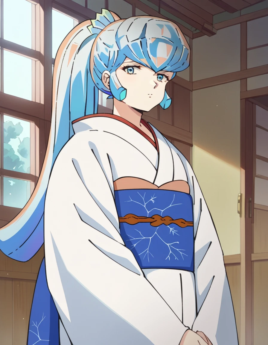 score_9, score_8_up, score_7_up, source_anime,
uruseiyatsuraoyuki, <lora:urusei-oyuki-ponyxl-lora-nochekaiser:1>,
oyuki, long hair, blue eyes, blue hair, ponytail,
japanese clothes, kimono, sash, white kimono, obi,
indoors,
looking at viewer, cowboy shot, dutch angle,