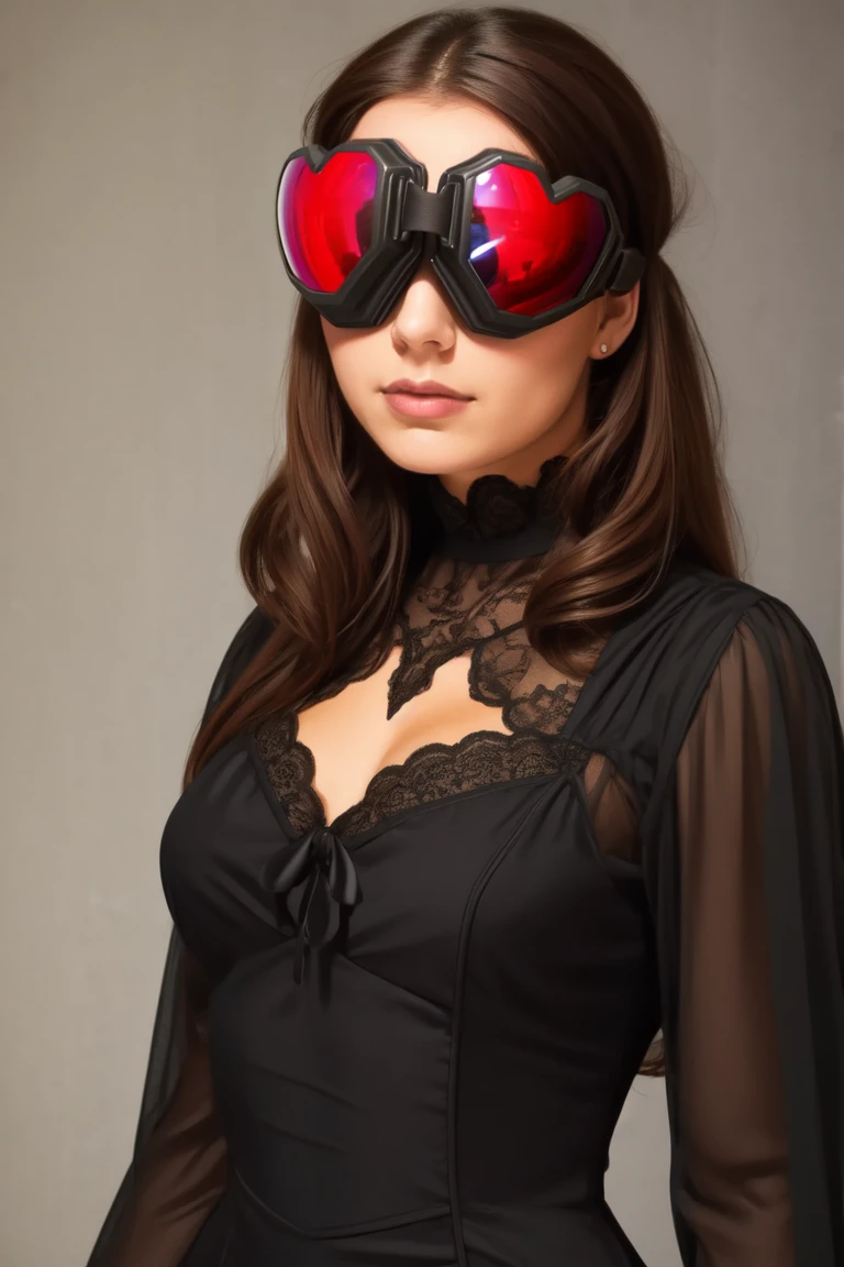 portrait, standing,, woman,  wearing  a gothic type dress and goggles over eyes, <lora:heart_goggles-000009:0.8>,