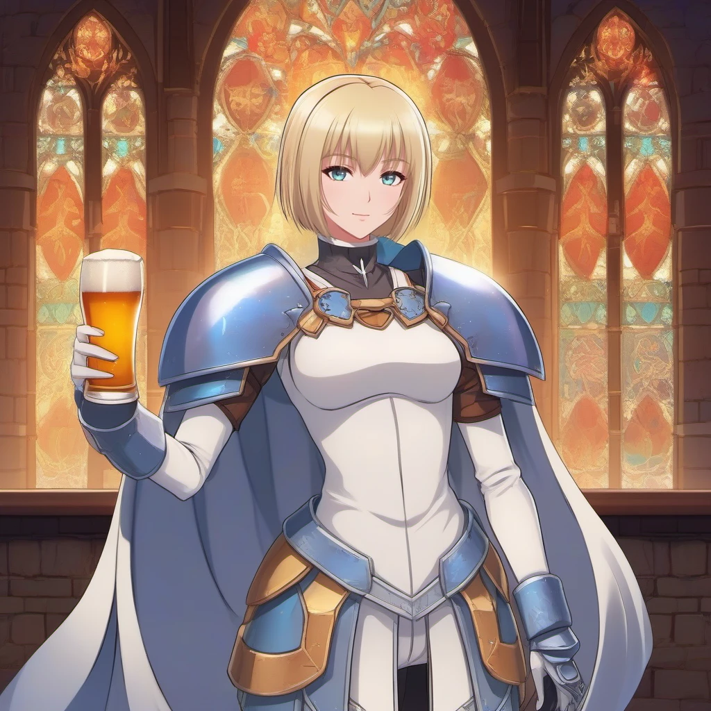 anime artwork a full body blond woman dressed in white, bobcut, shoulderpads, light armor, having a beer in a medieval taver <lora:Claymore1024:0.8> . anime style, key visual, vibrant, studio anime, highly detailed
