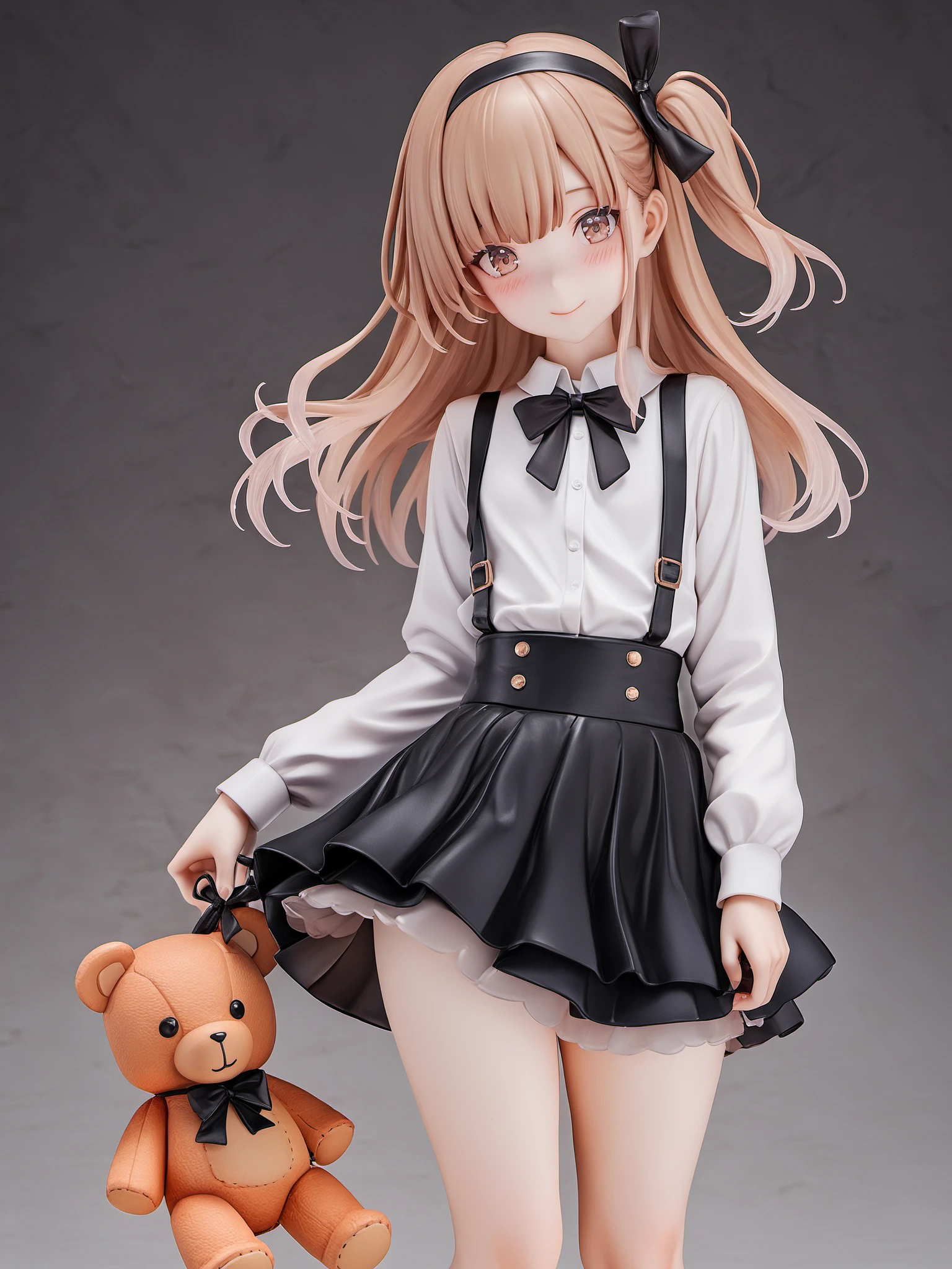 <lora:xl_figure style(kohaku_Delta)6:1>,figure style,photorealistic,photo \(medium\),1girl,stuffed toy,solo,stuffed animal,teddy bear,long hair,skirt,shirt,brown eyes,suspender skirt,suspenders,bow,looking at viewer,long sleeves,black skirt,bowtie,white shirt,ribbon,hair ribbon,high-waist skirt,one side up,smile,holding,light brown hair,grey background,collared shirt,holding stuffed toy,closed mouth,casual,black ribbon,bangs,black bow,standing,black neckwear,bandages,hairband,simple background,layered skirt,blush,medium skirt,wind,, masterpiece,best quality,