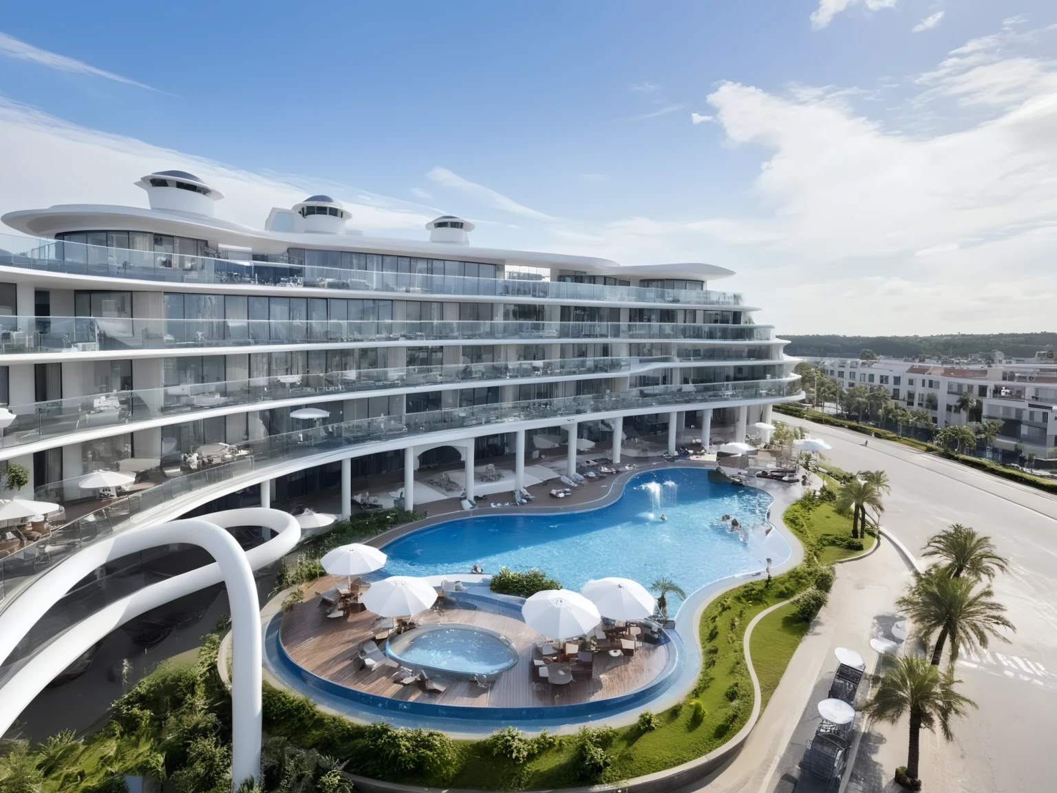 <lora:JJsHotelBuilding_XL:1>,((Hotel Building)) , ((best quality)),((masterpiece)),((realistic)),outdoors,sky,day, cloud, water, spray, no humans, building, scenery, bush, reflection, city, sign, palm tree,cityscape, real world location, road, sidewalk,), glass, ((curvy balcony)),