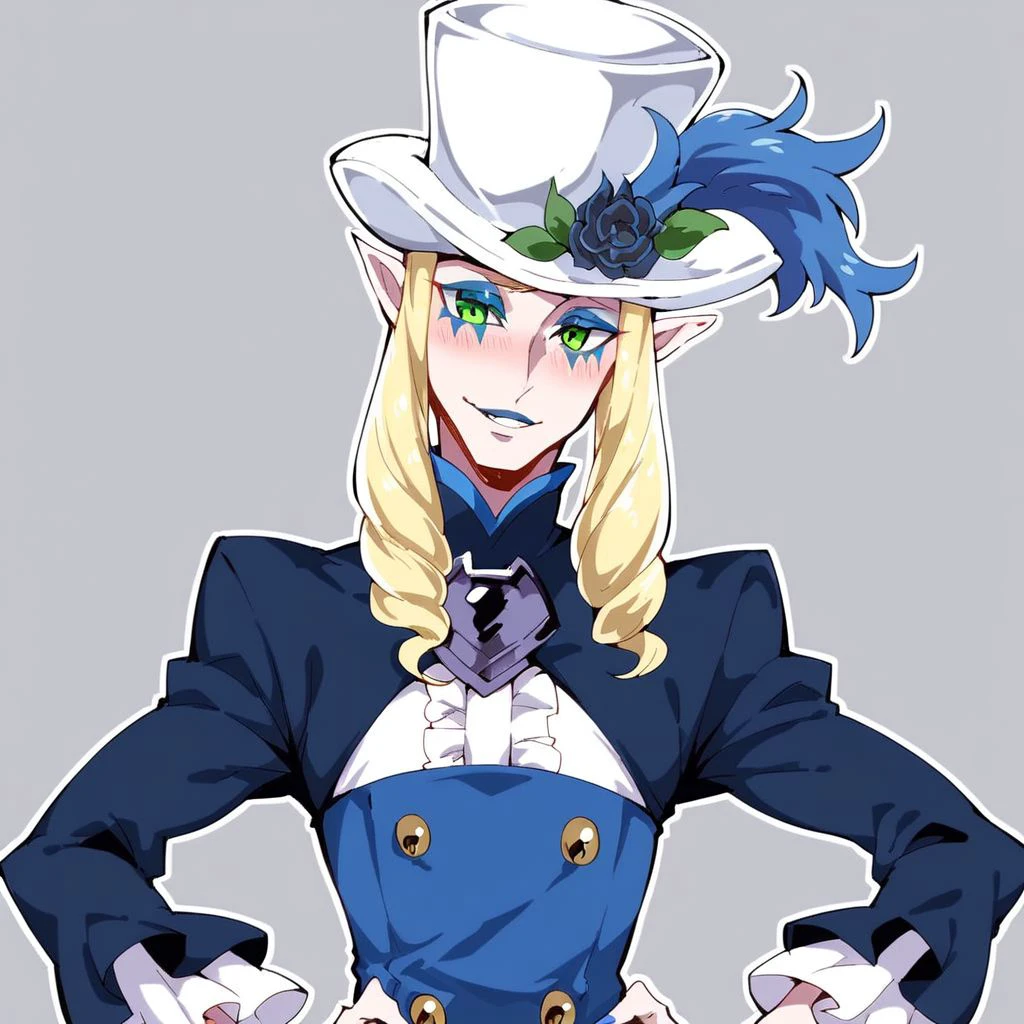 score_9,score_8_up,score_7_up,score_6_up,score_5_up,score_4_up, 1boy, male focus, blonde hair, green eyes, sidelocks, long hair, pointy ears, upper body, smile, parted lips, blush, Corset, long sleeves, frills, top hat, white headwear, hands on hips, blue nails, makeup, blue eyeshadow, blue lipstick