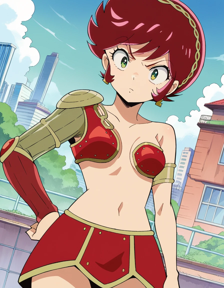 score_9, score_8_up, score_7_up, source_anime,
uruseiyatsurabenten, <lora:urusei-benten-ponyxl-lora-nochekaiser:1>,
benten, short hair, green eyes, red hair, hairband,
armor, bikini armor,
outdoors, cityscape,
looking at viewer, cowboy shot, dutch angle,