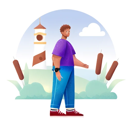 <lora:small_scene_illustration:1>,solo, 1boy, shirt, male focus, purple shirt, pants, brown hair, short hair, shoes, cloud, watch, full body, muscular, short sleeves, muscular male, denim, red footwear, blue pants, bara, sky, sideburns, standing