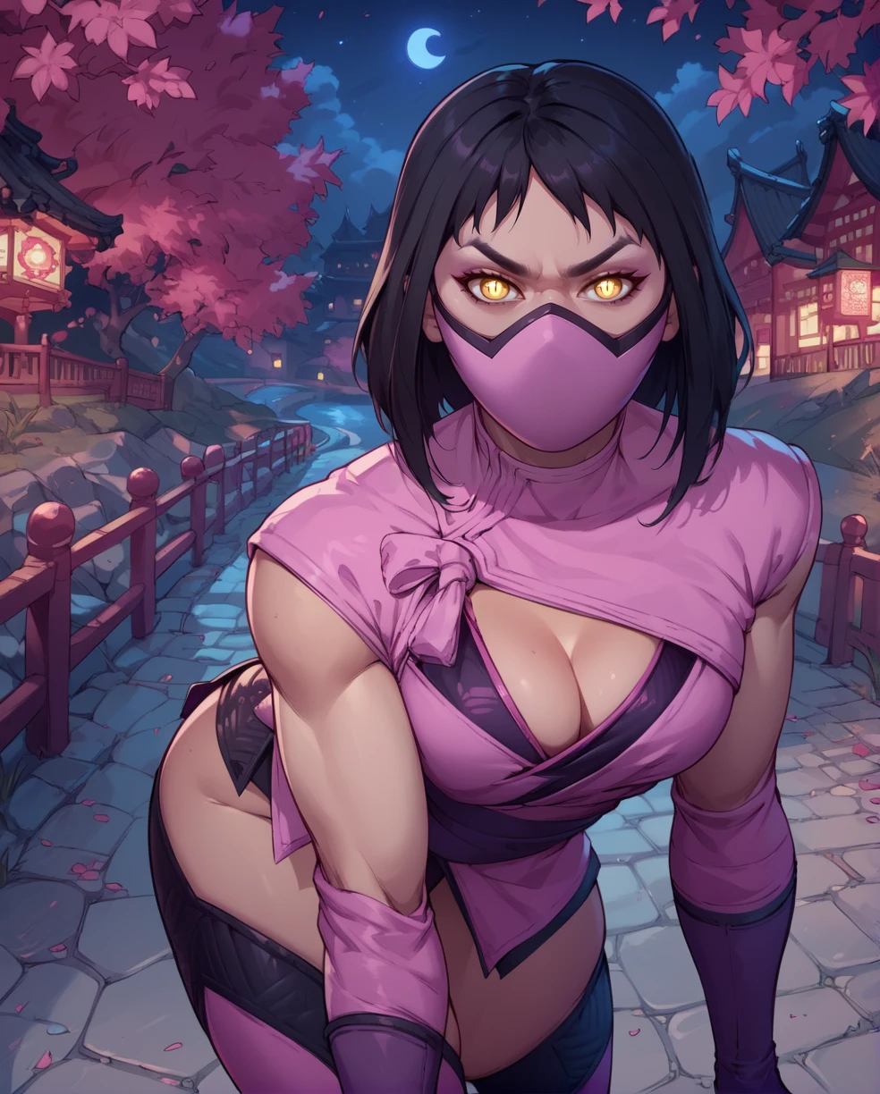 score_9,score_8_up,score_7_up,
Mileena,black hair,yellow eyes,looking at viewer,split pupils,thighhighs,
mouth mask,pink kimono,pink elbow gloves,cleavage cutout,serious,
bridge,night.,
<lora:MIleenaMK11:0.8>,