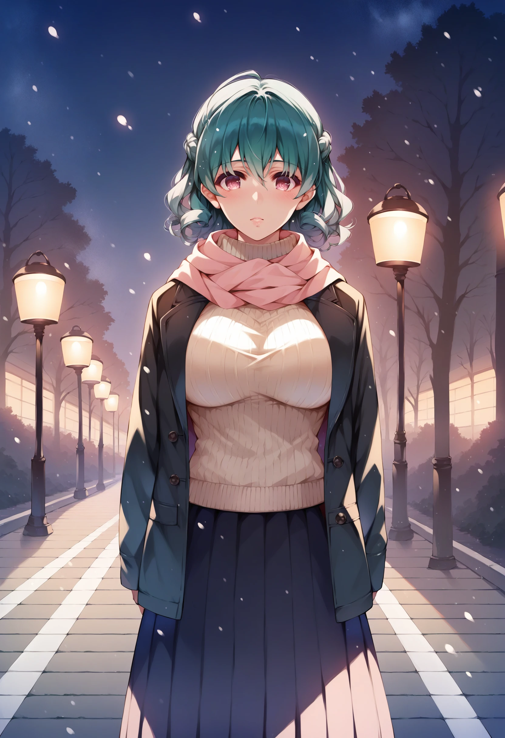 score_9, score_8_up, score_7_up, source_anime, 1girl,curly hair, french braid, big breasts, sweater, black coat, scarf, aqua hair, pink eyes, pleated skirt, long skirt, night, outdoor, snowing, under a tree, dynamic light, standing <lora:Misaki-Kurehito-Style-PonyXL-000042:1>