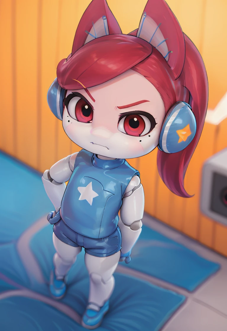 <lora:ai_one:0.9>ai_one , 1 girl  , red hair , animal ears  ,  , star (symbol) , red eyes , headphones  ponytail ,blue  body suit  ,  sleeveless ,blue shorts ,   white legs ,  mole under eye ,closed mouth ,android, joints , angry face , From Above, POV ,