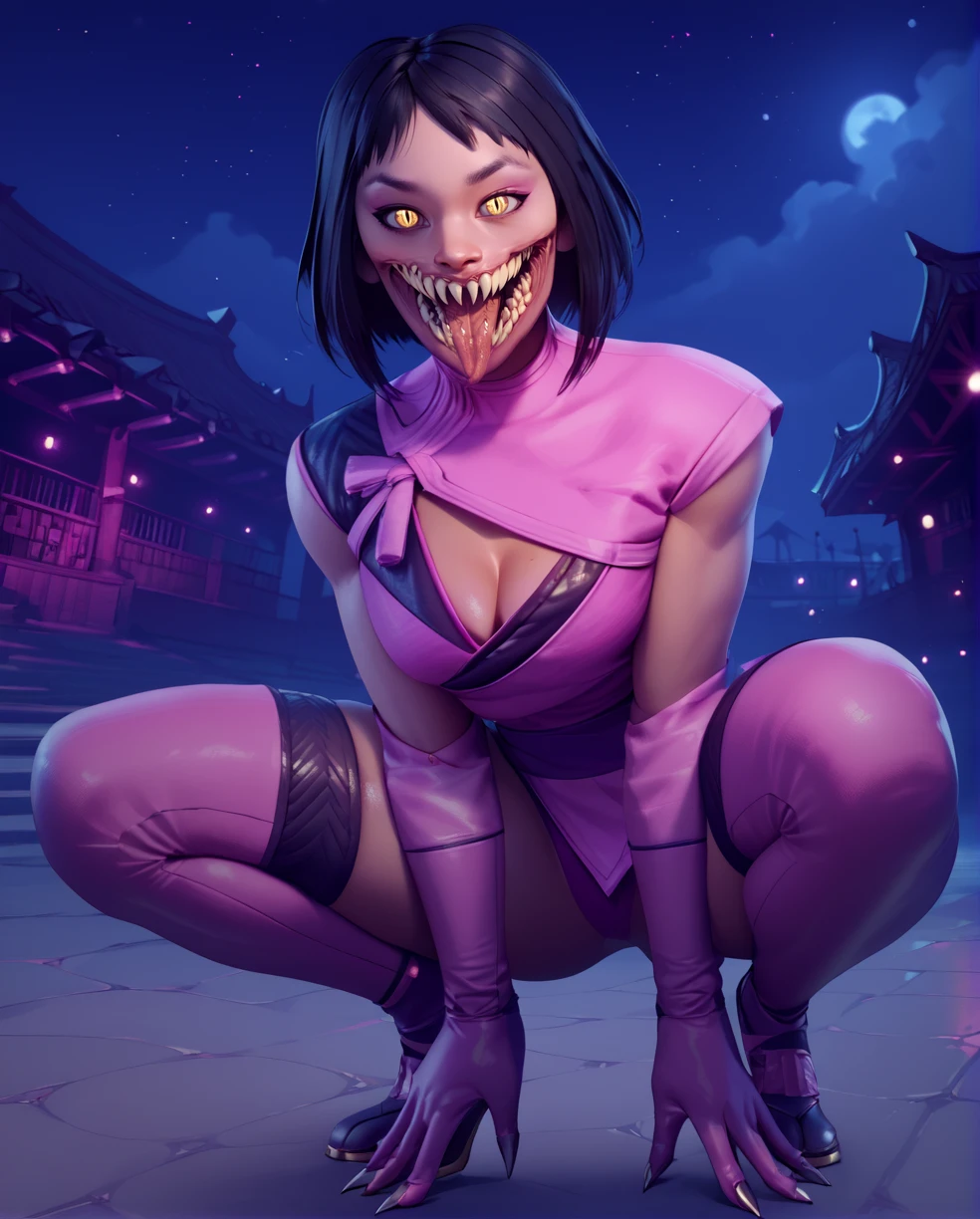 score_9,score_8_up,score_7_up,
Mileena,short black hair,yellow eyes,looking at viewer,smile,
pink kimono,pink elbow gloves,cleavage cutout,sharp teeth,slit pupils,thighhighs,
squatting,open mouth,tongue,
arena,night,
<lora:MIleenaMK11:0.9>,