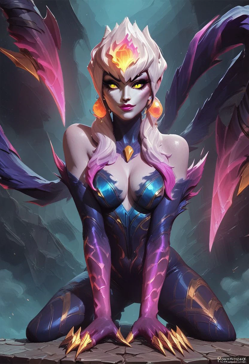 score_9, score_8_up, score_7_up, score_6_up, score_5_up, score_4_up,(8k uhd, masterpiece, best quality, high quality, absurdres, ultra-detailed), 1girl, Evelynn, League of Legends, FEMALE, WOMAN, GAME CHARACTERS, sexy, no humans, dark