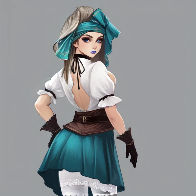 cowboy shot, solo, <lora:rubyFinalFantasyIX:0.8>, ruby_ff9, low-cut blouse, white blouse, short sleeves, brown belt, corset, teal skirt, asymmetrical skirt, paneled skirt, opaque tights, white tights, white gloves, choker, grey hair, light blue headband, brown eyes, simple background, from behind, looking back, standing, highres, Digital art, trending on artstation, best quality, insanely detailed, masterpiece, stunning environment, wide-angle,