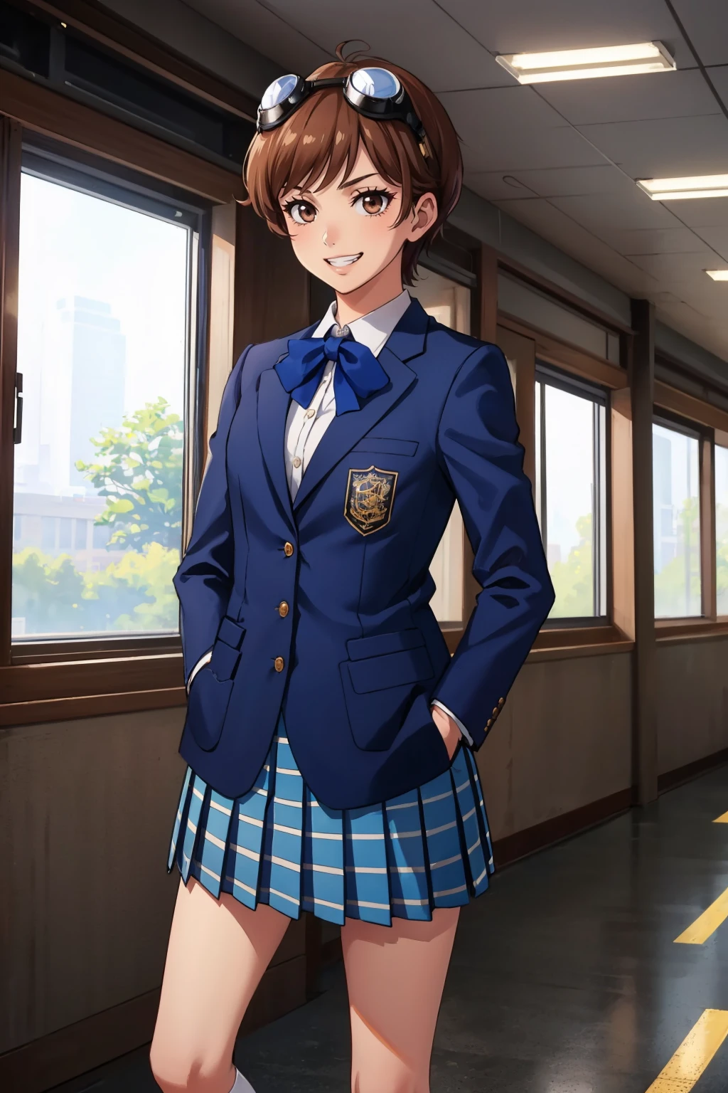 masterpiece, best quality,  <lora:zs_Tamaki:1> tamakismtif, brown hair, short hair, blazer, pleated skirt, socks, loafers, goggles on head, hands in pockets, grin