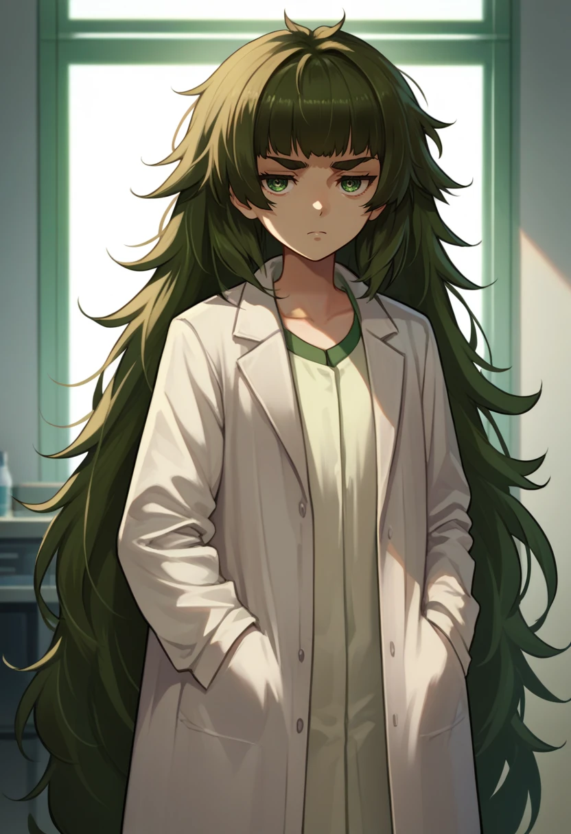 score_9, score_8_up, score_7_up, source_anime, solo, 1girl, hiyajo maho, expressionless, looking at viewer, hands in pockets, very long hair, green hair, messy hair, thick eyebrows, white lab coat, brown jacket, white shirt, indoors <lora:steinsgate_hiyajo_ponyXL:1>