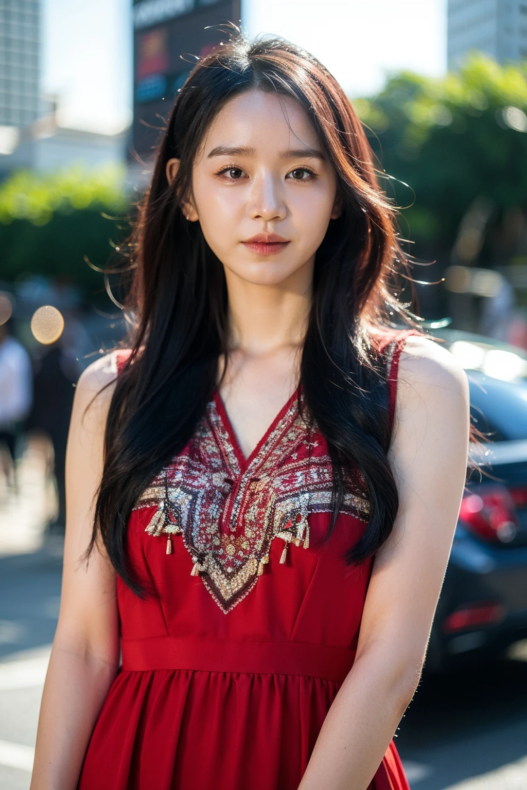 Best quality, masterpiece, ultra high res, (photorealistic), raw photo,1girl, skinny, upper body,solo, realistic, looking at viewer, long hair, bokeh background, city streets, bohemian dress, <lora:makina69_shinhyesun_v1.0:1>