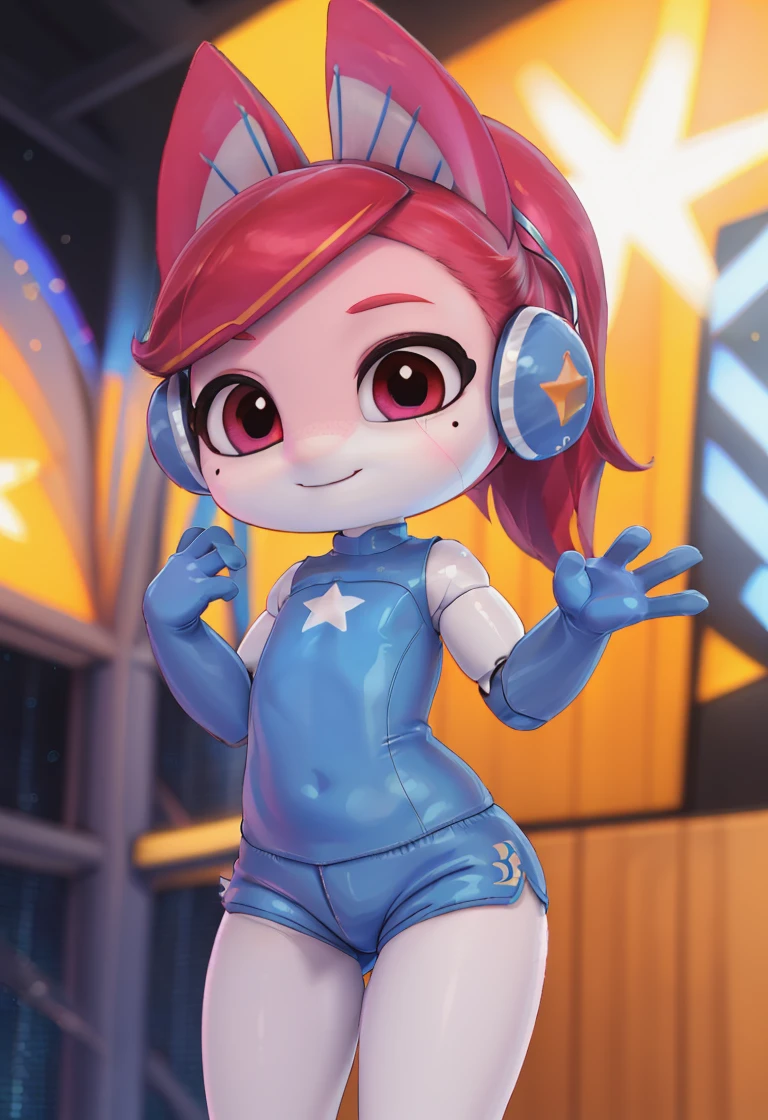 <lora:ai_one:0.9>ai_one , 1 girl  , red hair , animal ears  ,smile  , star (symbol) , red eyes , headphones  ponytail ,blue  body suit  ,  sleeveless ,blue shorts ,   white legs ,  mole under eye ,closed mouth ,android, joints