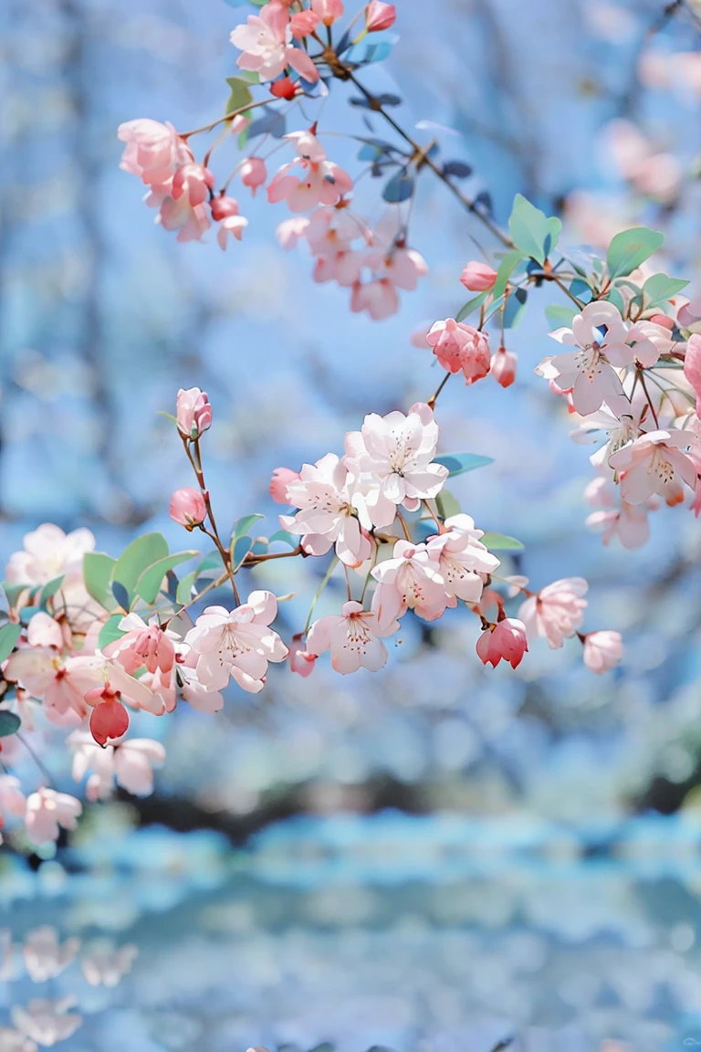 haitang,still life,no humans,blurry,flower,mirror,Powder blue tone,pink flower,depth of field,cherry blossoms,blurry background,petals,reflection,<lora:haitangsaibo:0.9>,