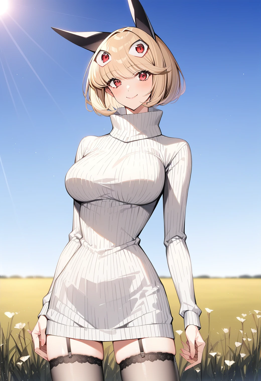 1girl, large breasts, cowboy shot, smile, closed mouth, (field:1.2), (sky:1.2), (sunlight:1.2),
debby_the_corsifa, red eyes, blonde hair, short hair, extra eyes, animal ears, sweater dress, ribbed sweater, white sweater, turtleneck, long sleeves, garter straps, thighhighs, <lora:debby_the_corsifa_pony_ver1:0.7>, score_9, score_8_up, score_7_up, BREAK source_anime, rating_explicit, best quality, masterpiece, uncensored, solo,