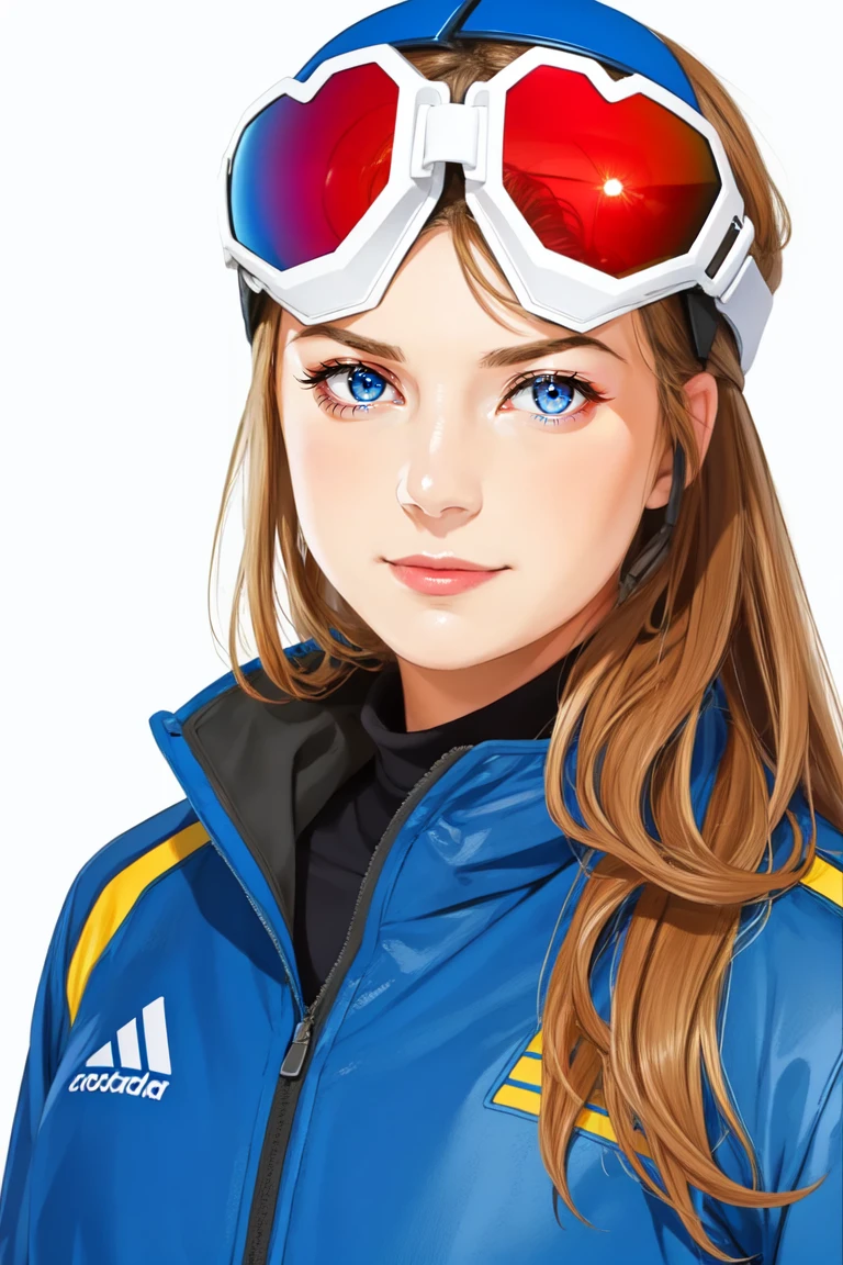 portrait, standing,, woman,  wearing  a blue ski suit and goggles, <lora:heart_goggles:0.75>,